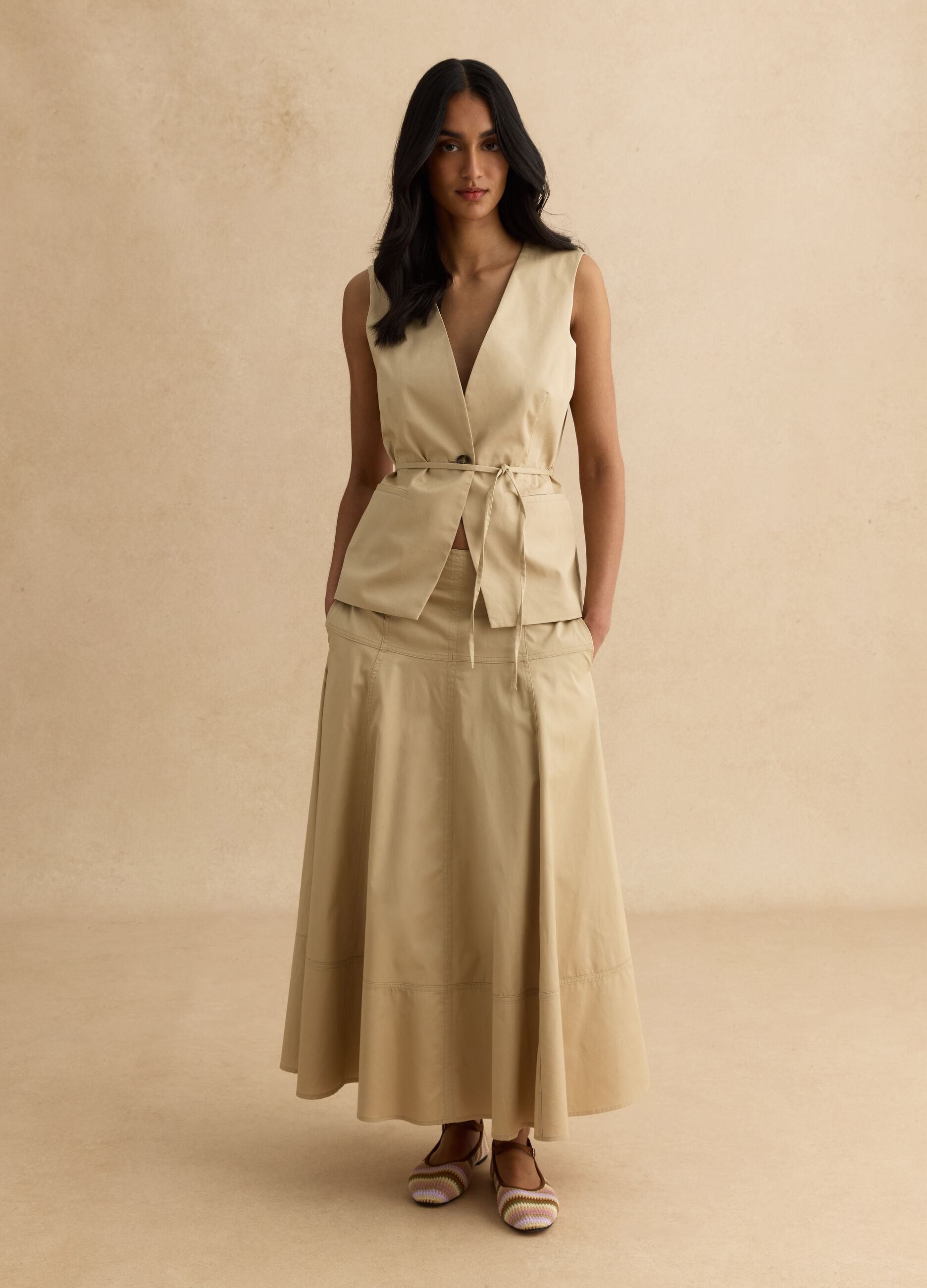 Beige Long Skirt in Pure Cotton