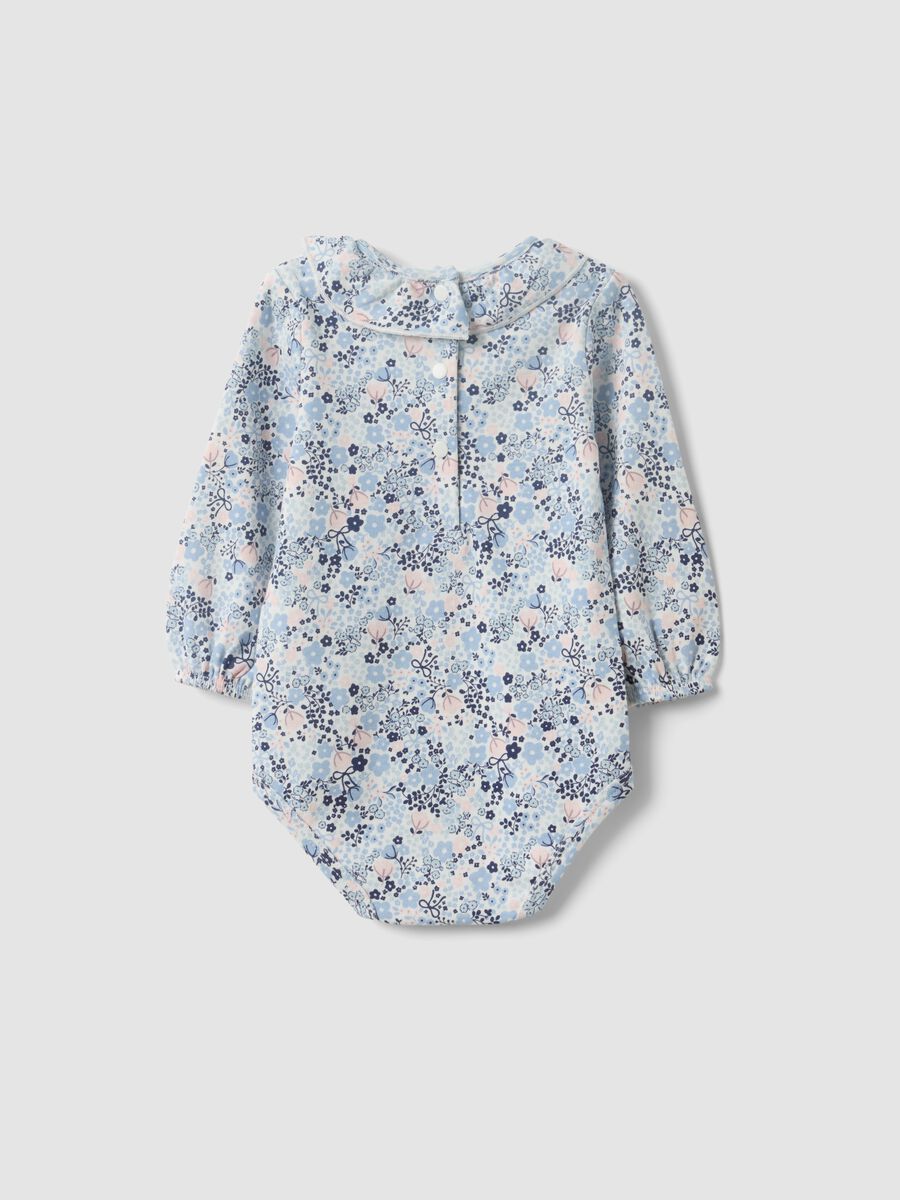White organic cotton baby girl bodysuit with frill collar and floral print_1