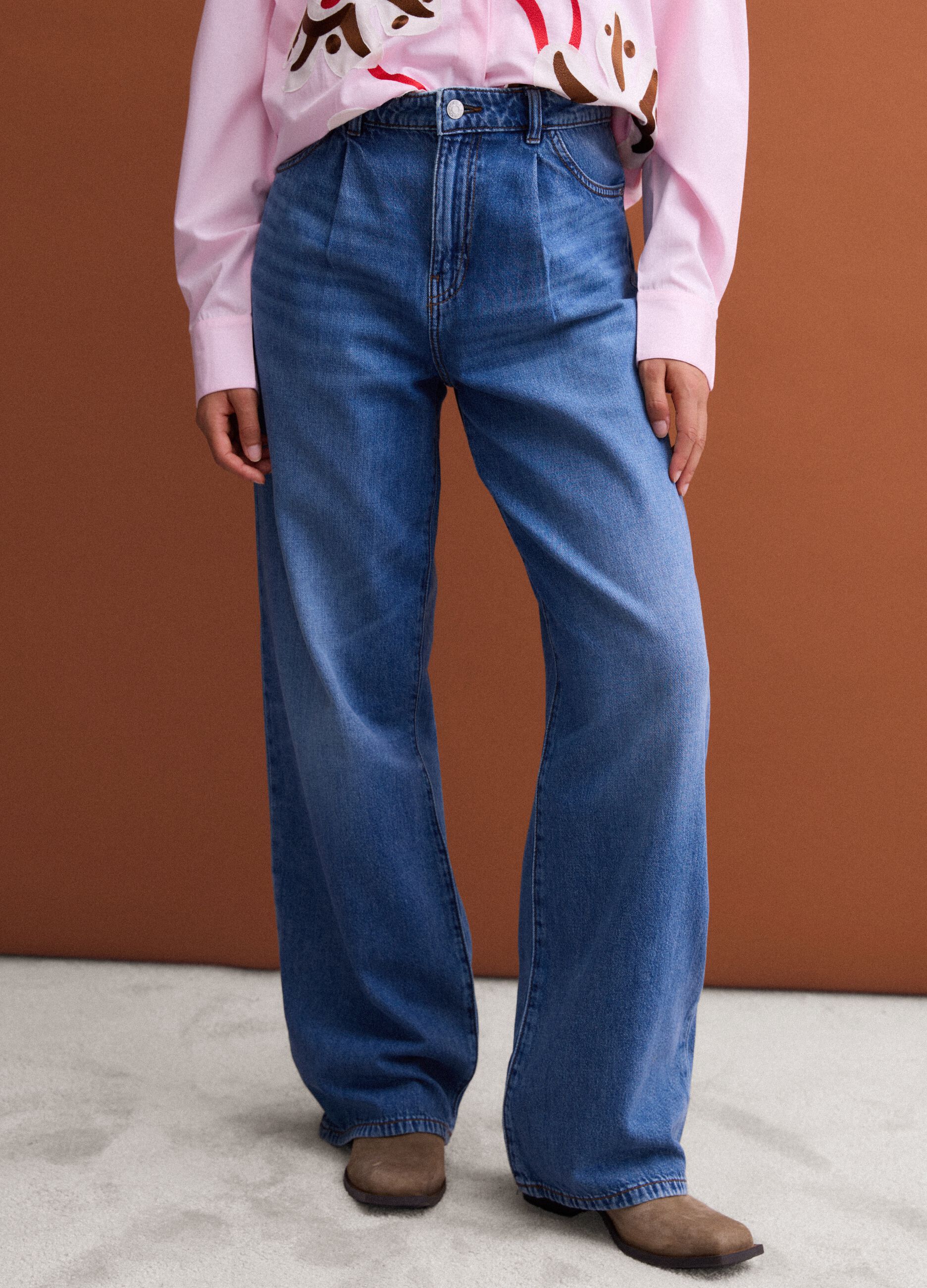 High-waisted wide-leg blue jeans in pure cotton