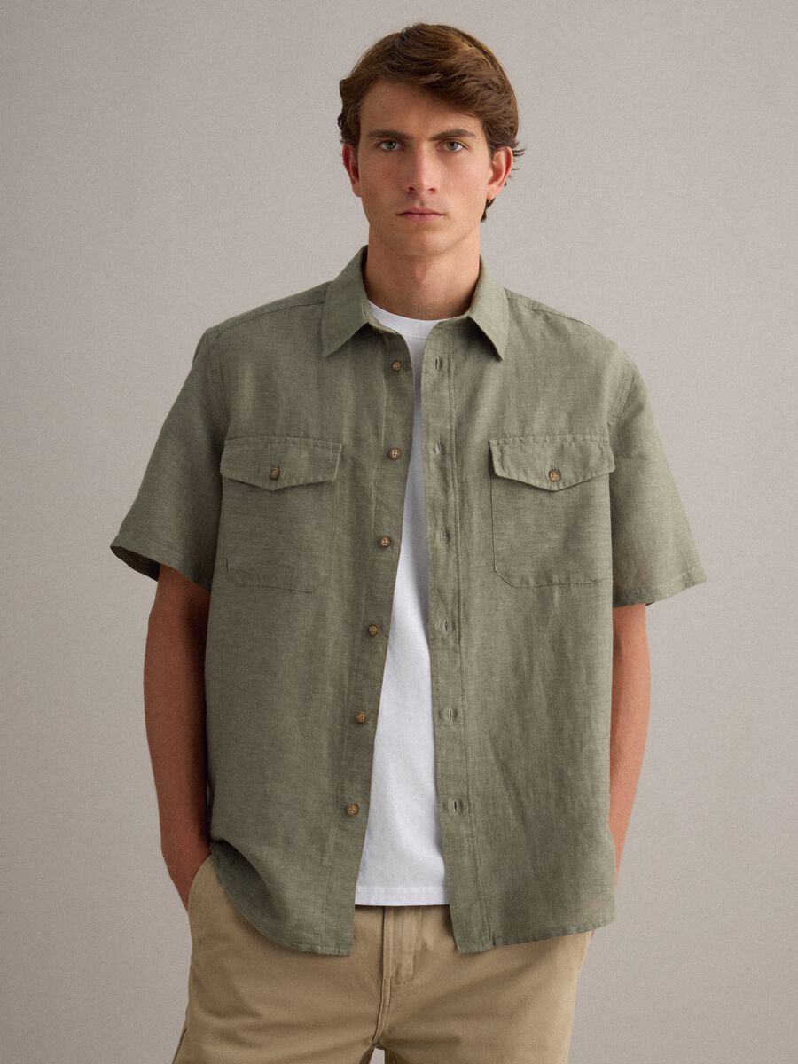 Camicia verde in misto lino e cotone regular fit_0