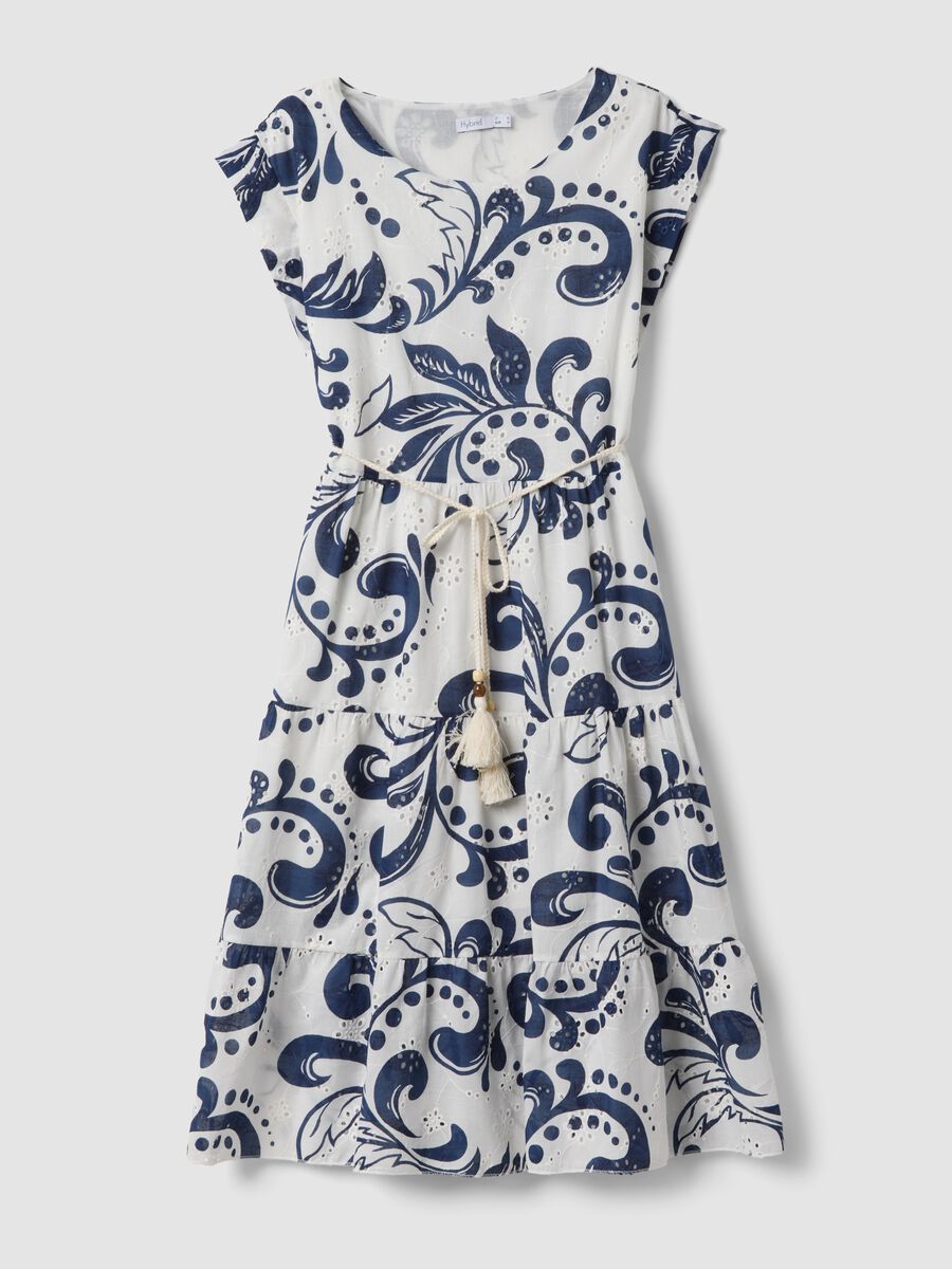 Blue and white pure cotton dress with all-over print and rope belt_4
