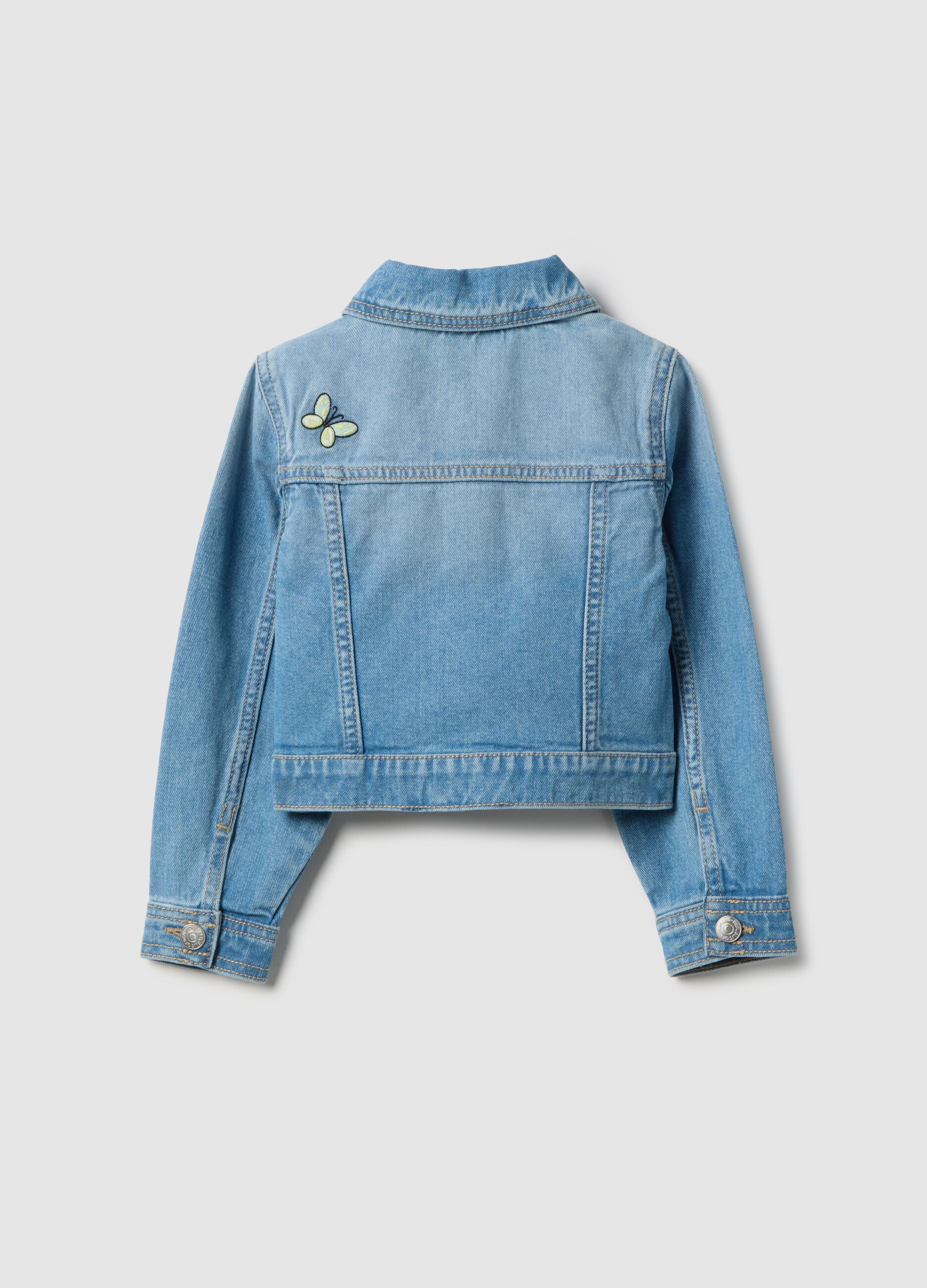 Blue regular fit pure cotton denim jacket with embellishments
