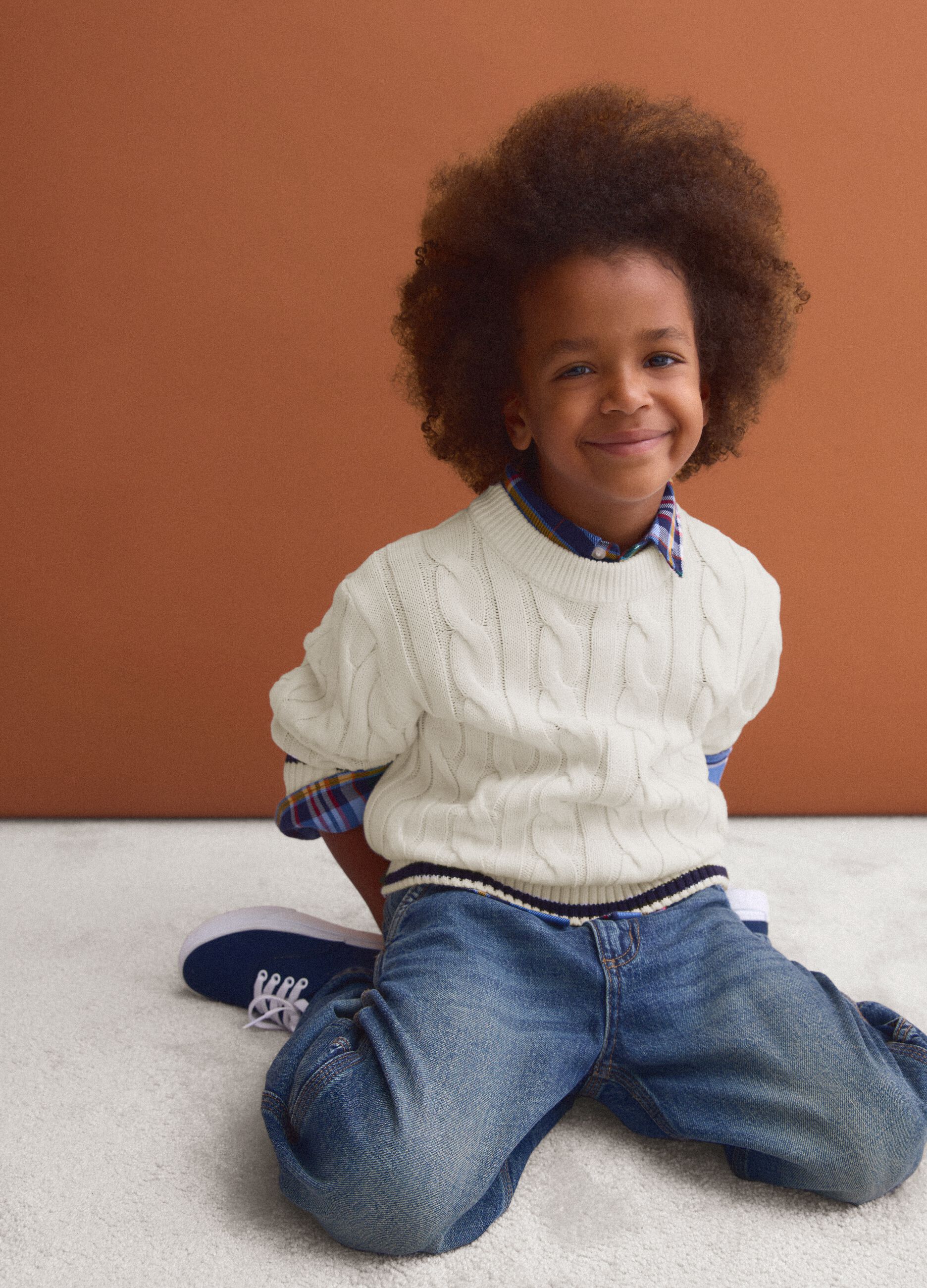 White pure cotton cable-knit oversized jumper for boys