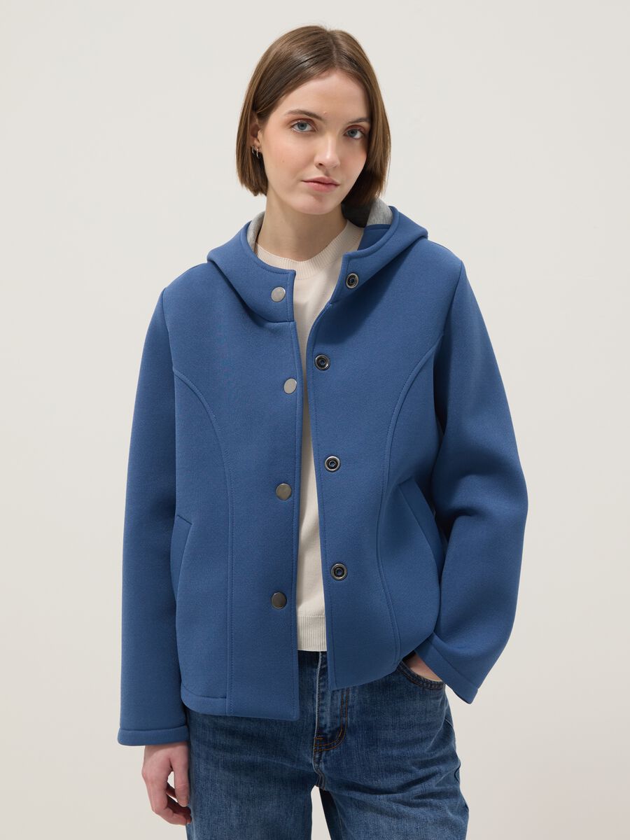 Blue regular fit jacket with hood and buttons_0