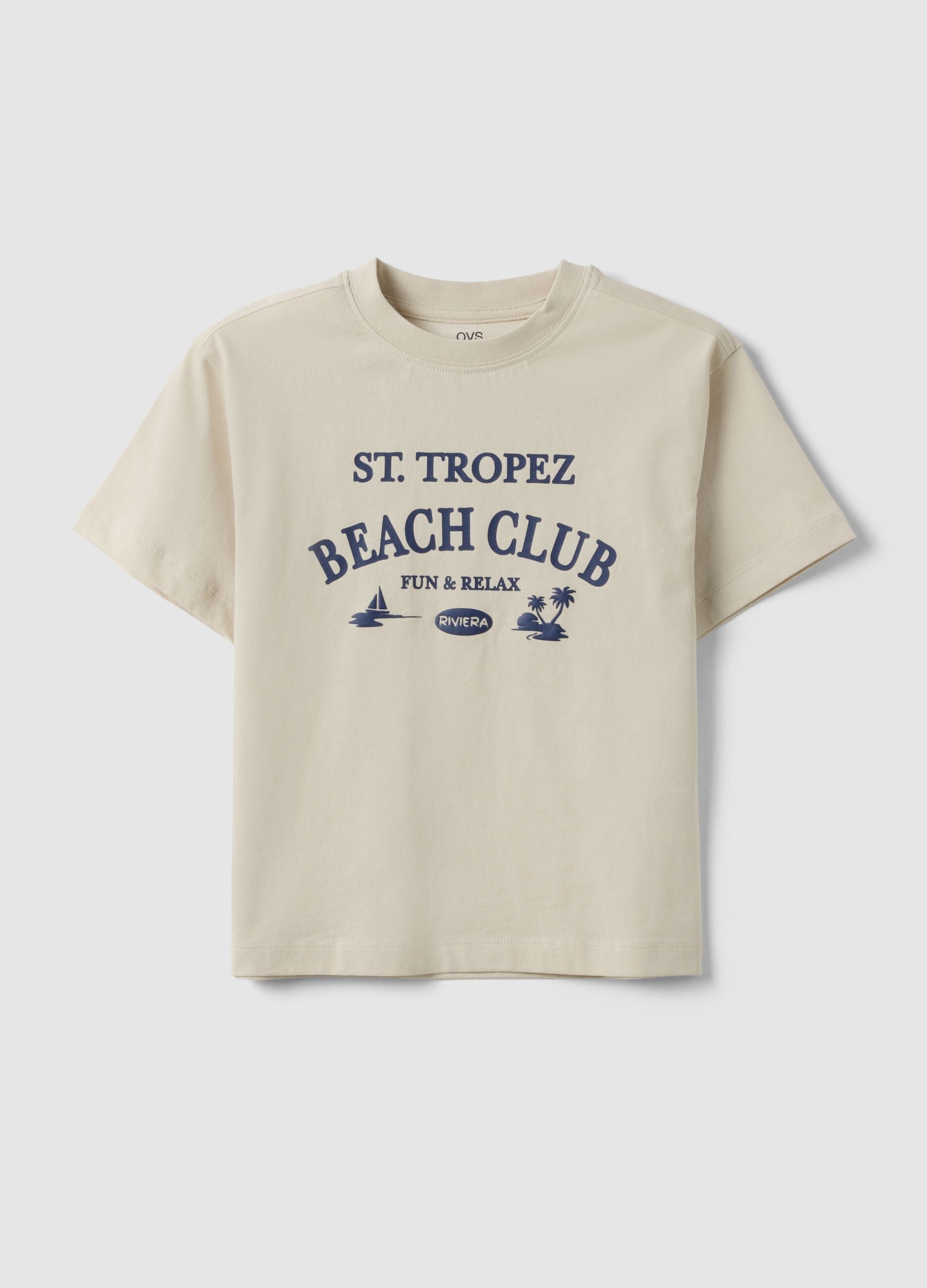 Children's oversized fit beige pure cotton T-shirt with print