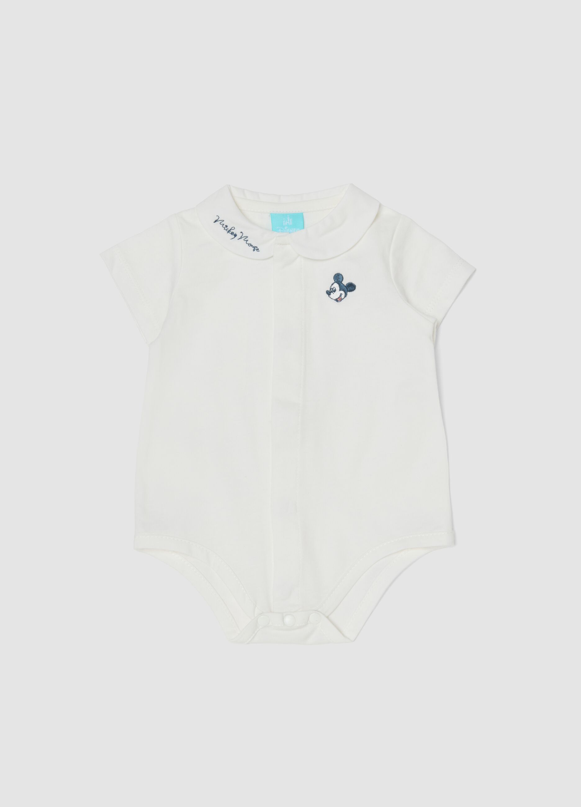 White organic cotton baby bodysuit with Mickey Mouse embroidery