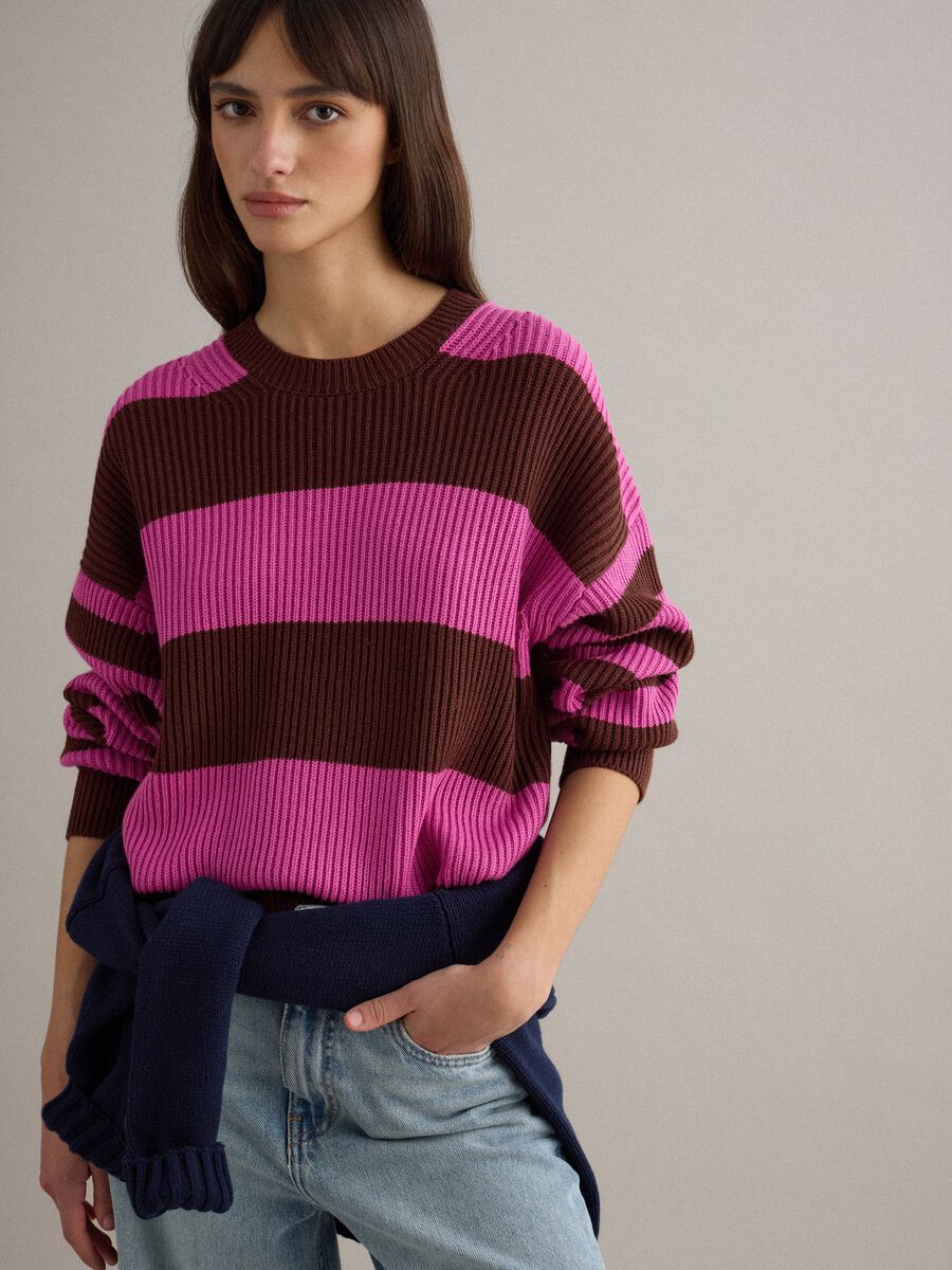 Multicoloured striped crew neck sweater in regular fit cotton blend_1