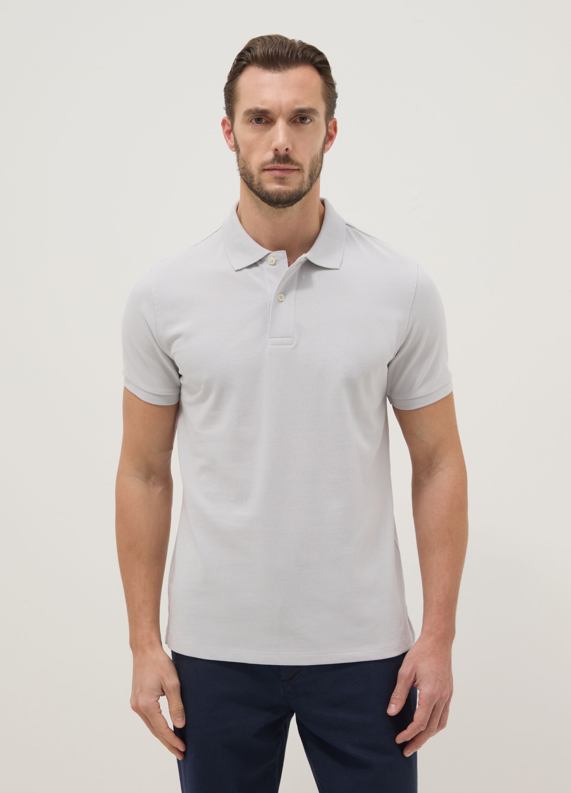 Grey cotton short-sleeved polo regular fit