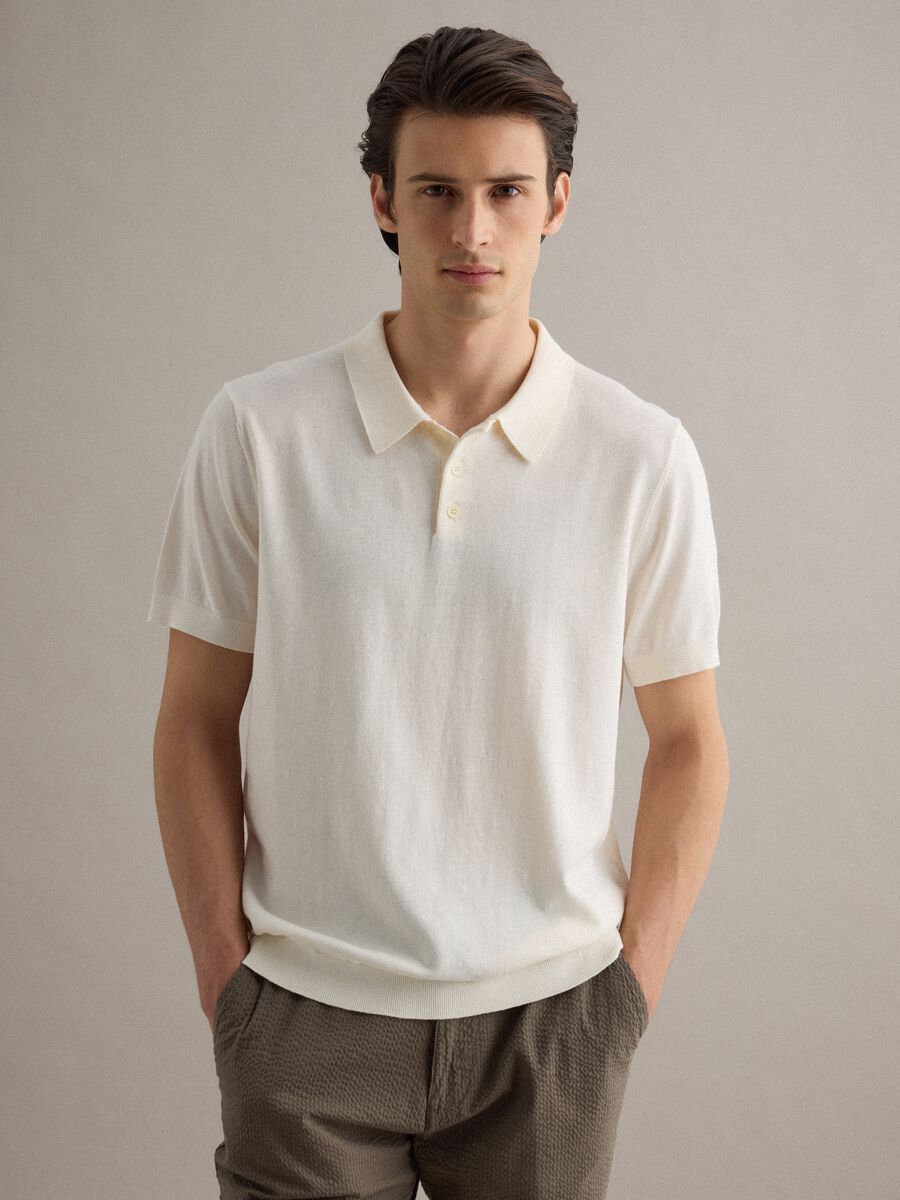 Regular fit white polo in cotton, linen, and silk blend_0