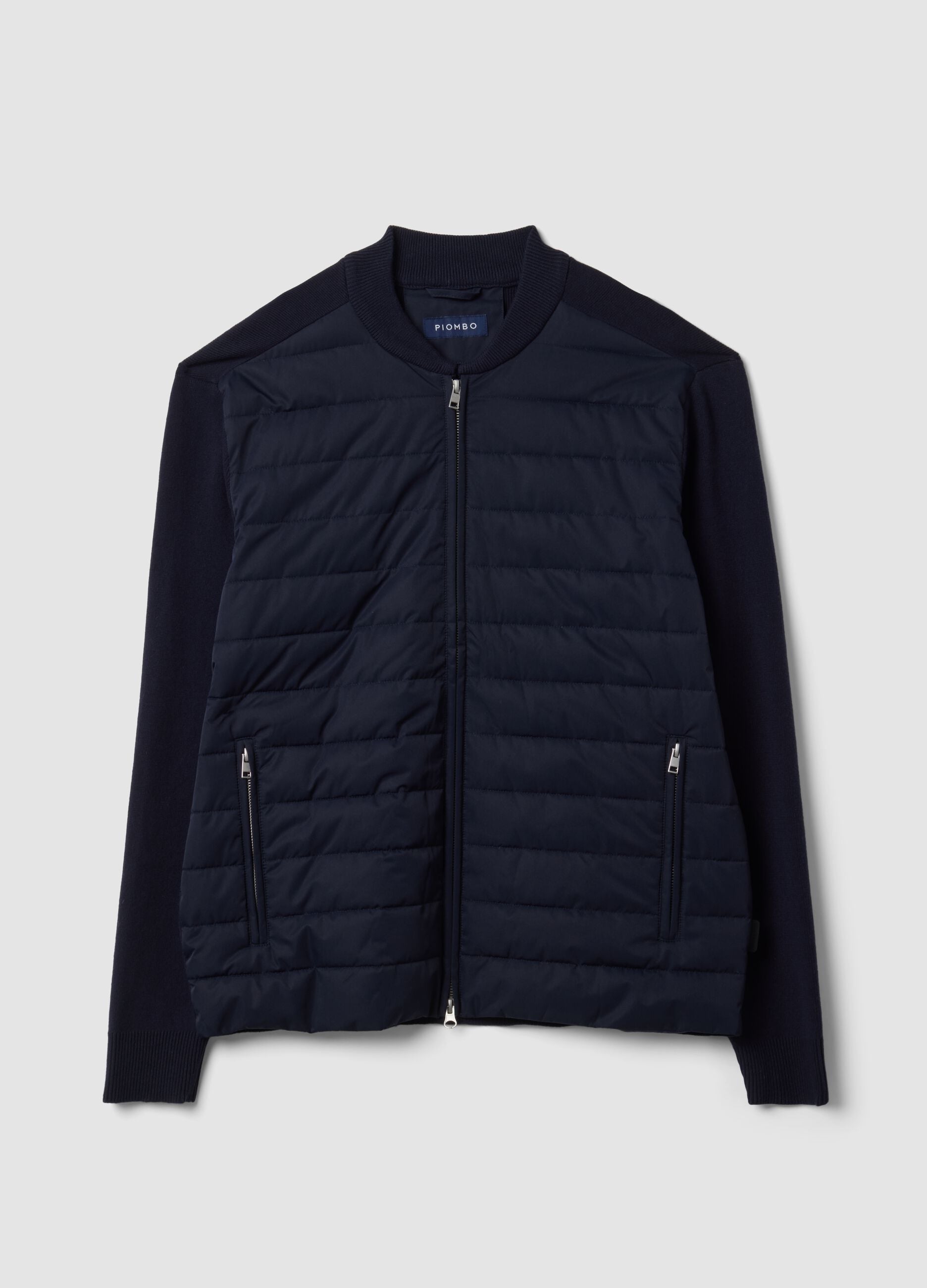 Blue pure cotton zip jacket with knitted sleeves, regular fit