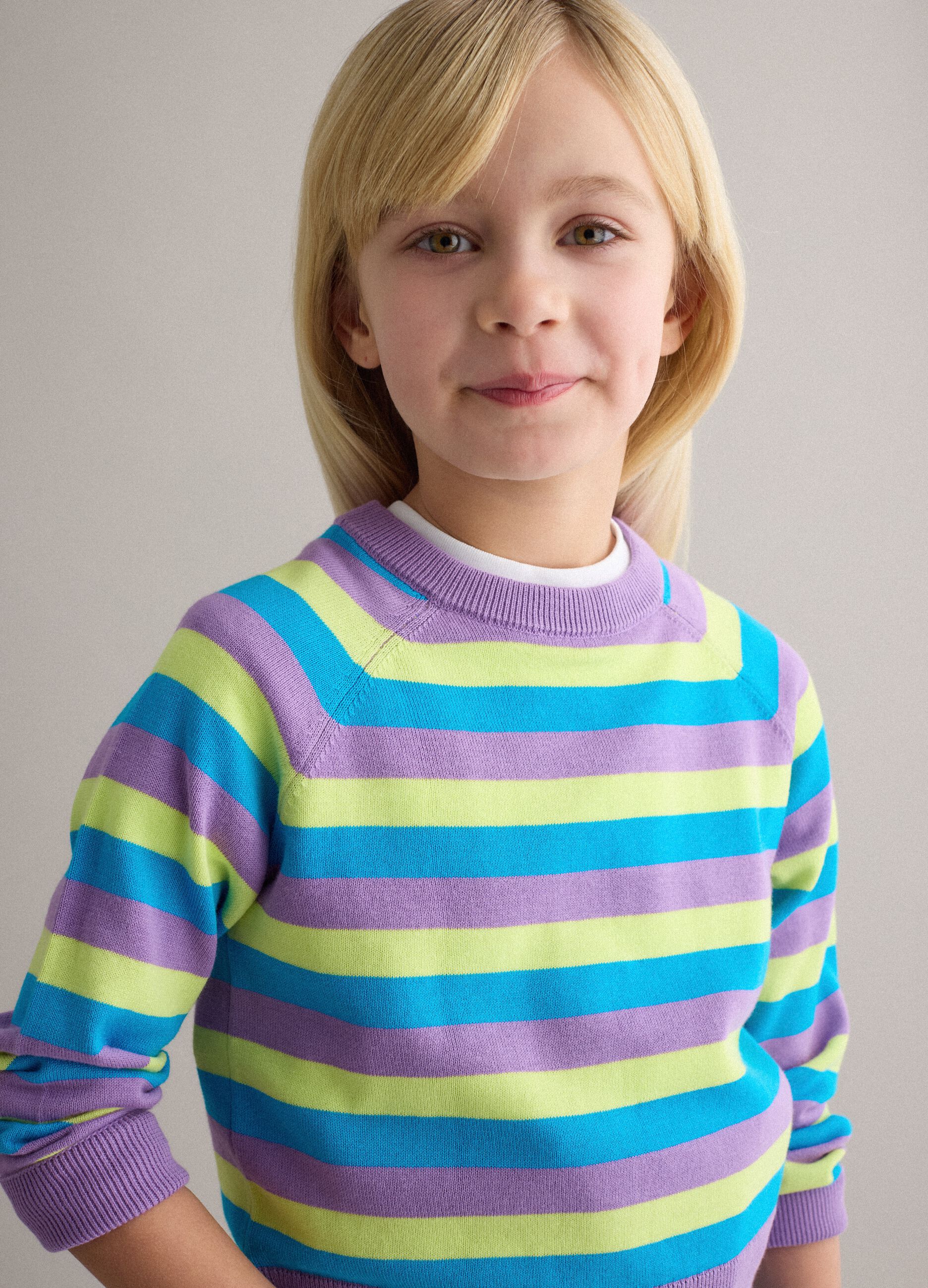 Girl's multicolour striped pure cotton pullover, regular fit