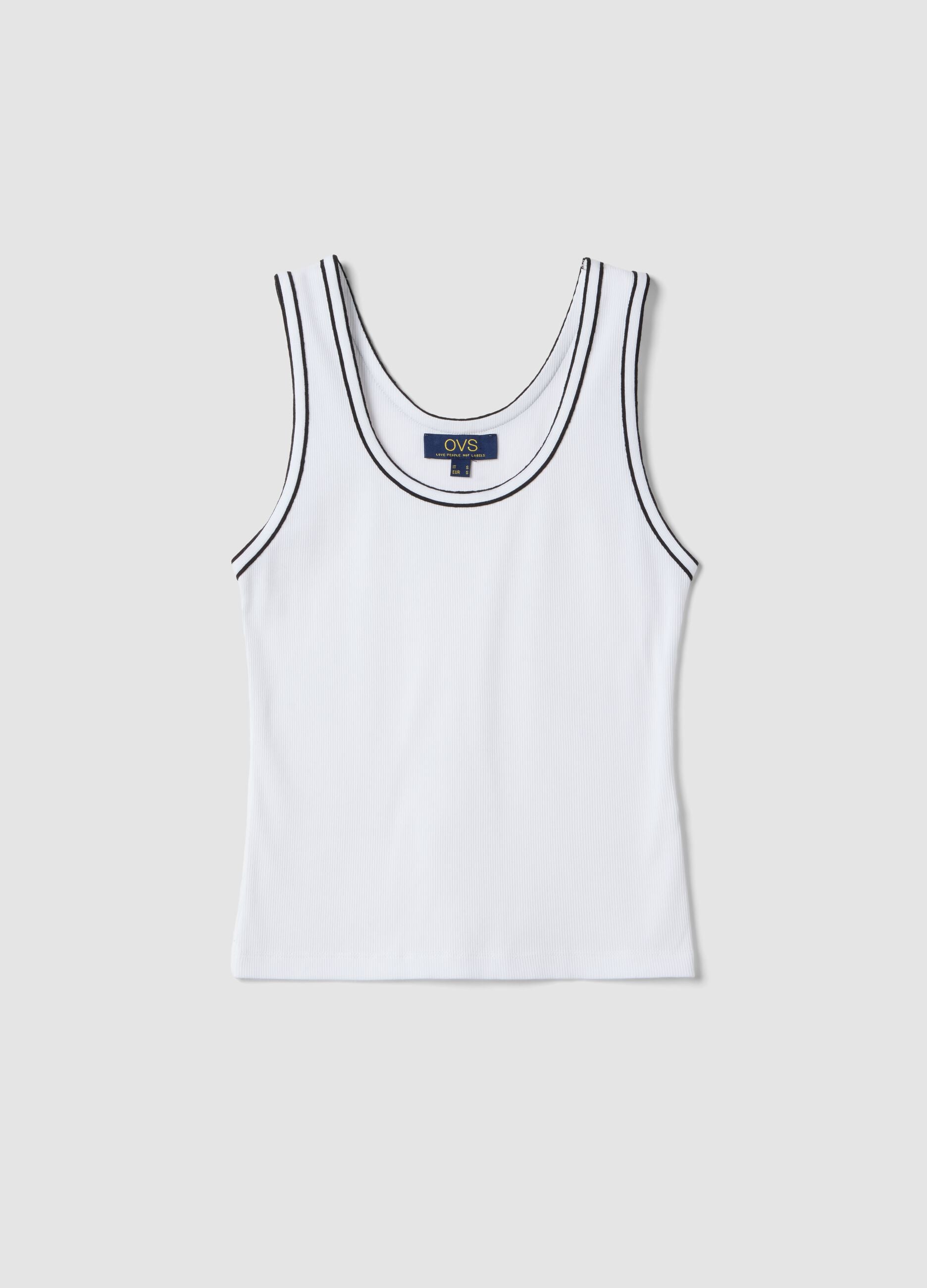 White stretch cotton tank top with border regular fit
