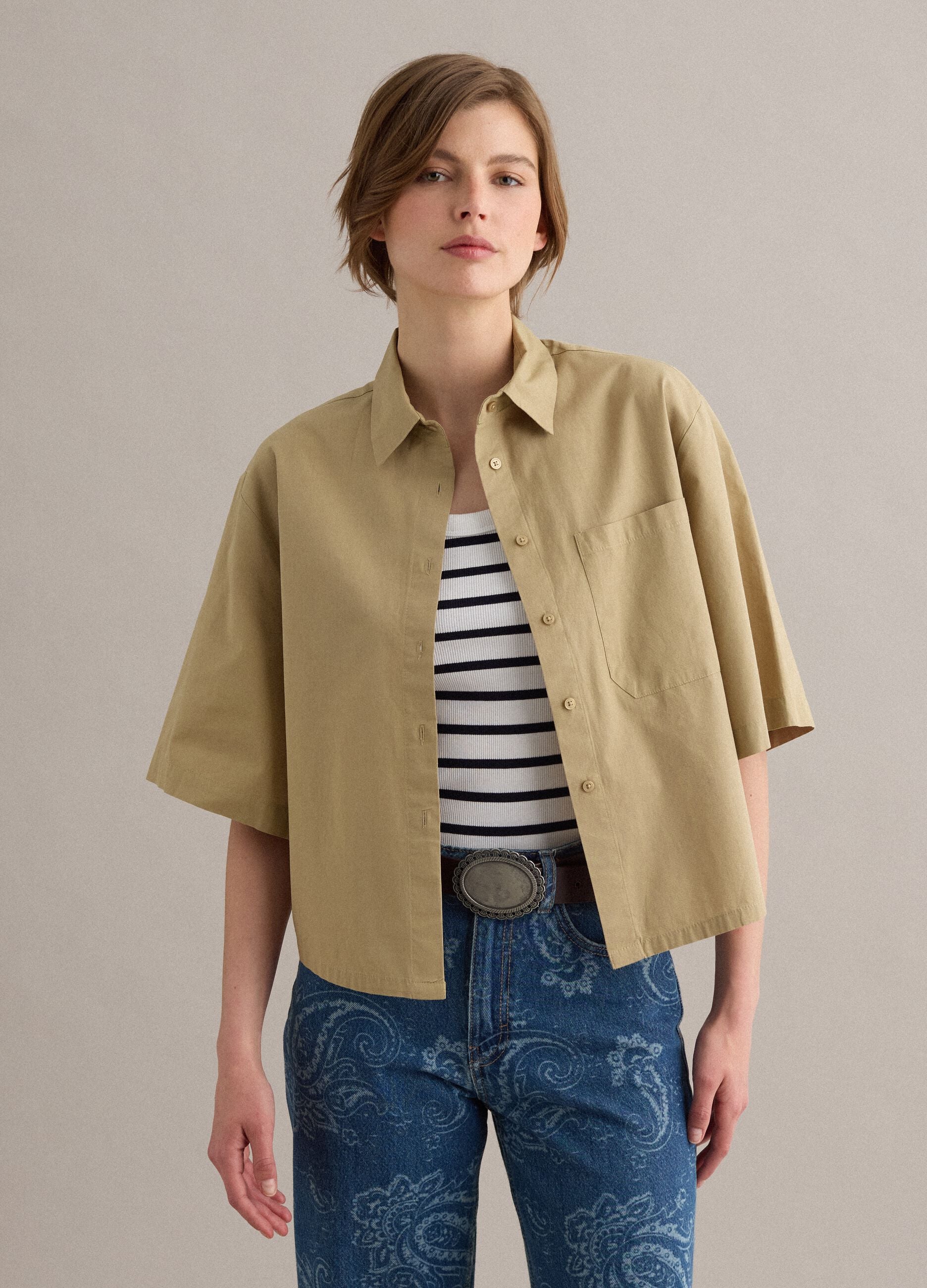 Beige pure cotton shirt with chest pocket, oversized fit