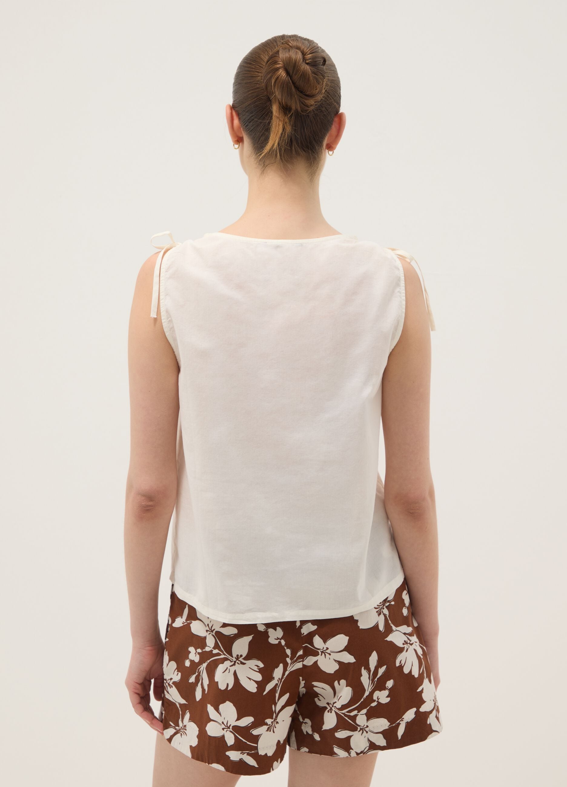 White pure cotton V-neck blouse, regular fit