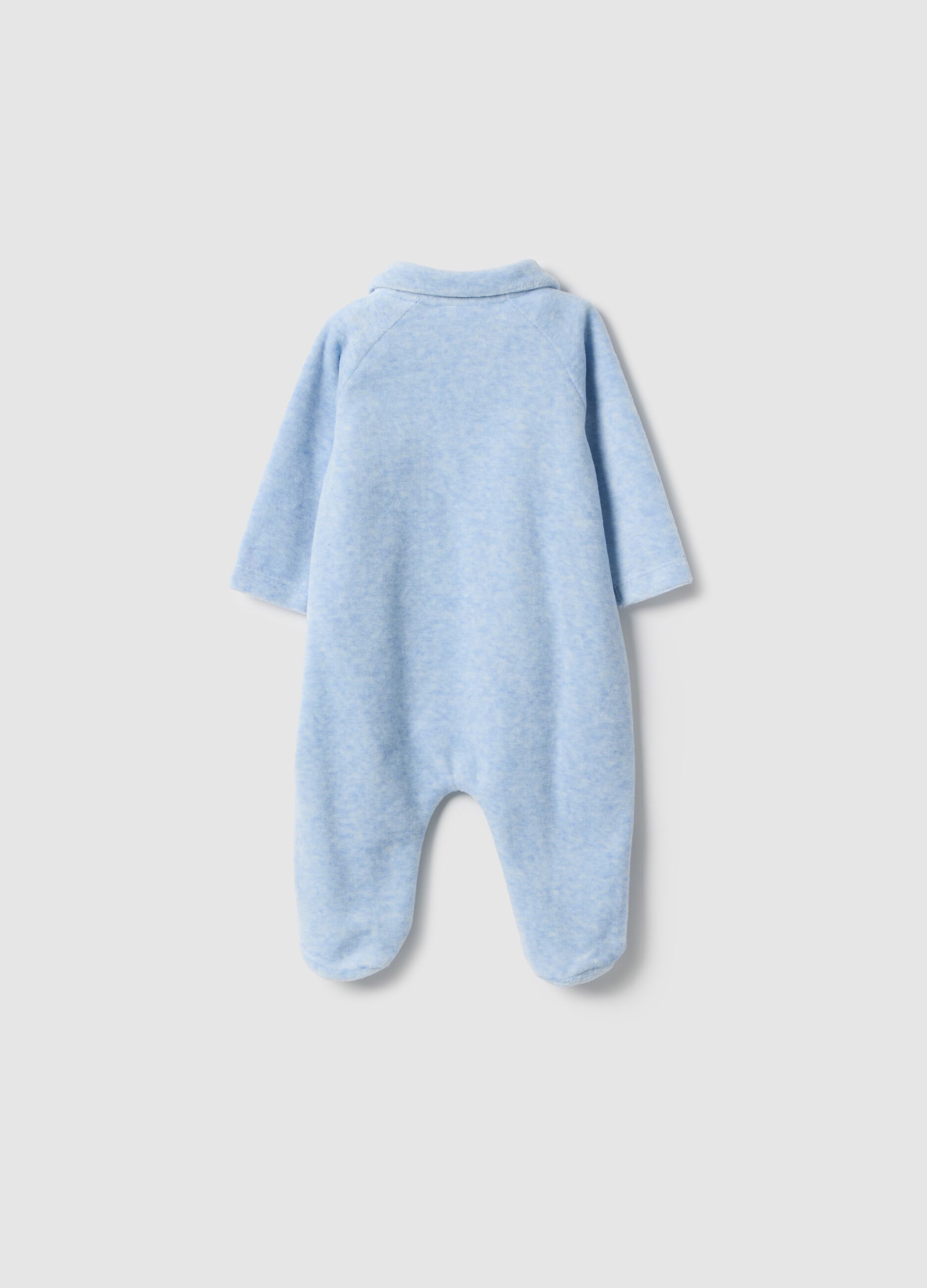 Baby's blue cotton blend romper with snap closure and embroidery