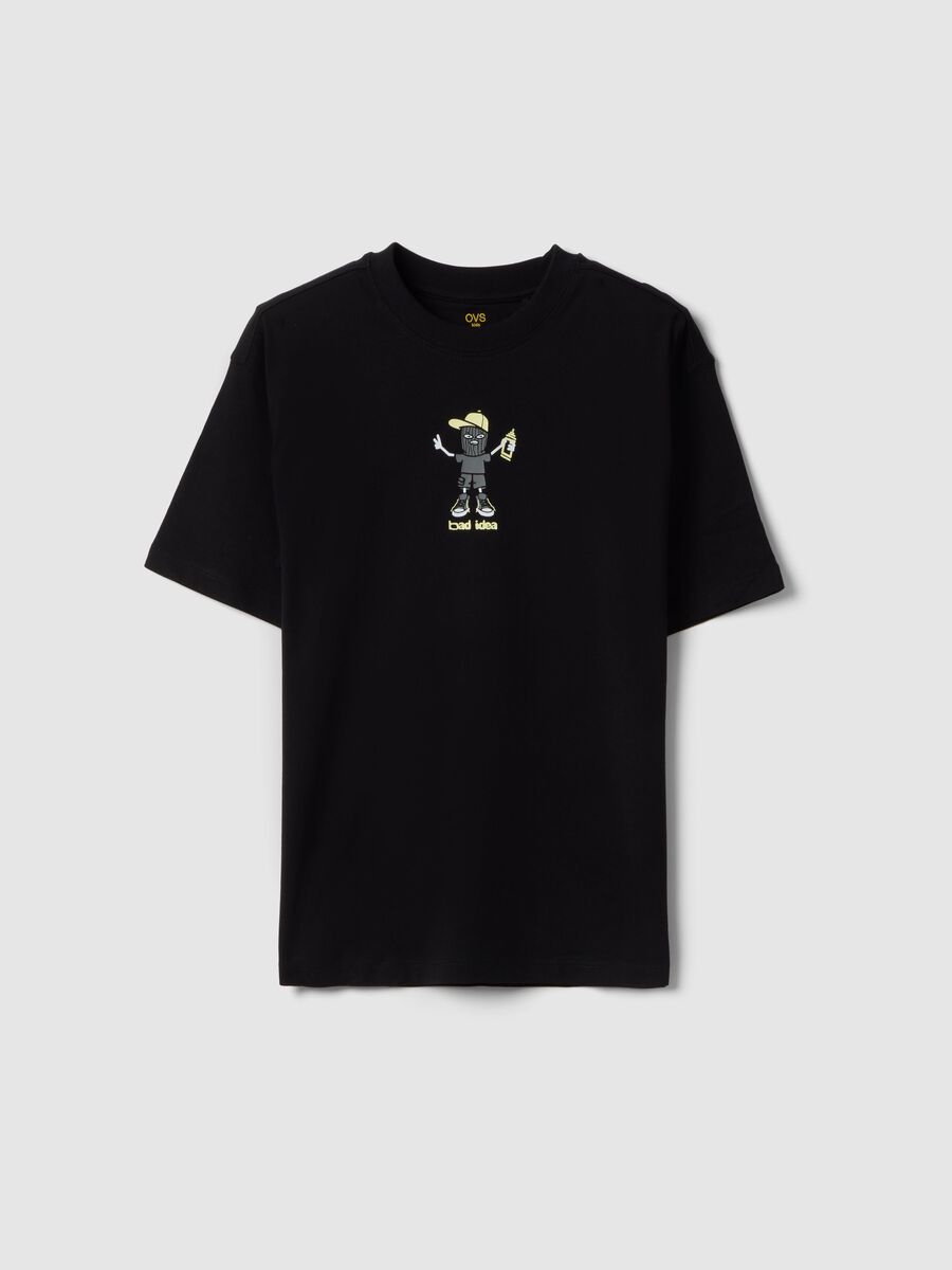 T-shirt in puro cotone nero da ragazzo oversize fit con stampa_3
