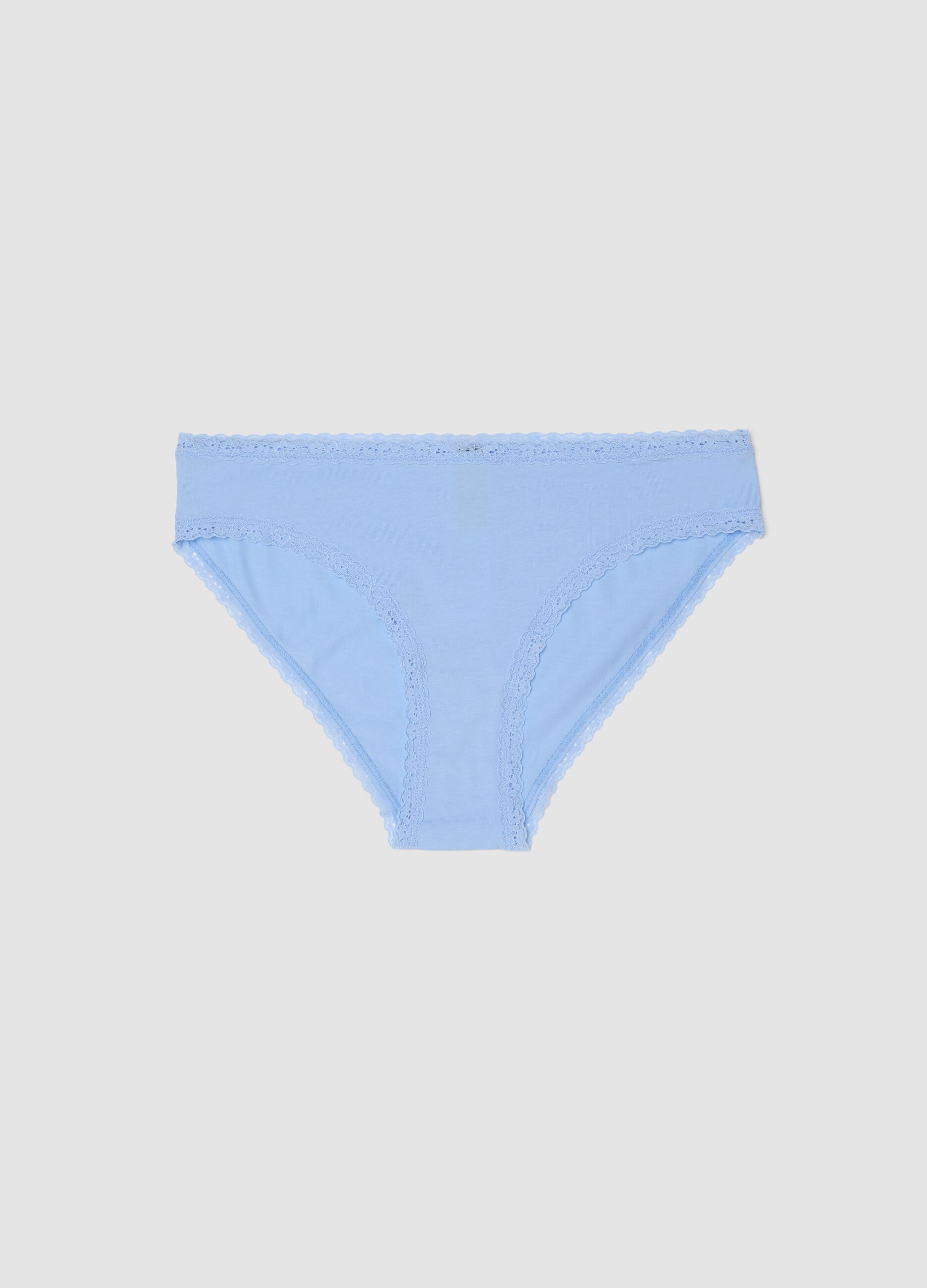 Regular fit blue stretch cotton briefs with lace details