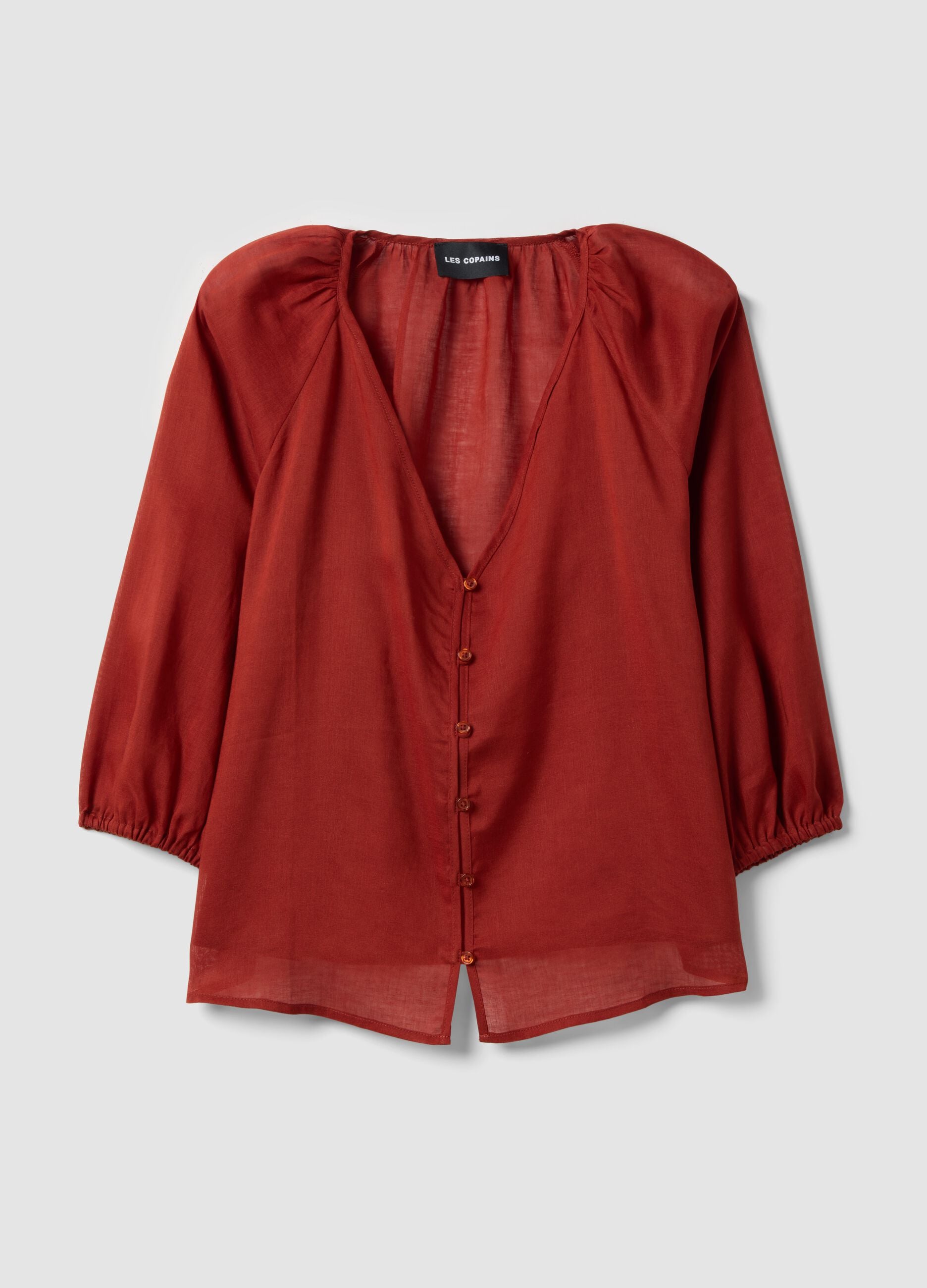Red ramie and lyocell blend shirt with V-neck, regular fit