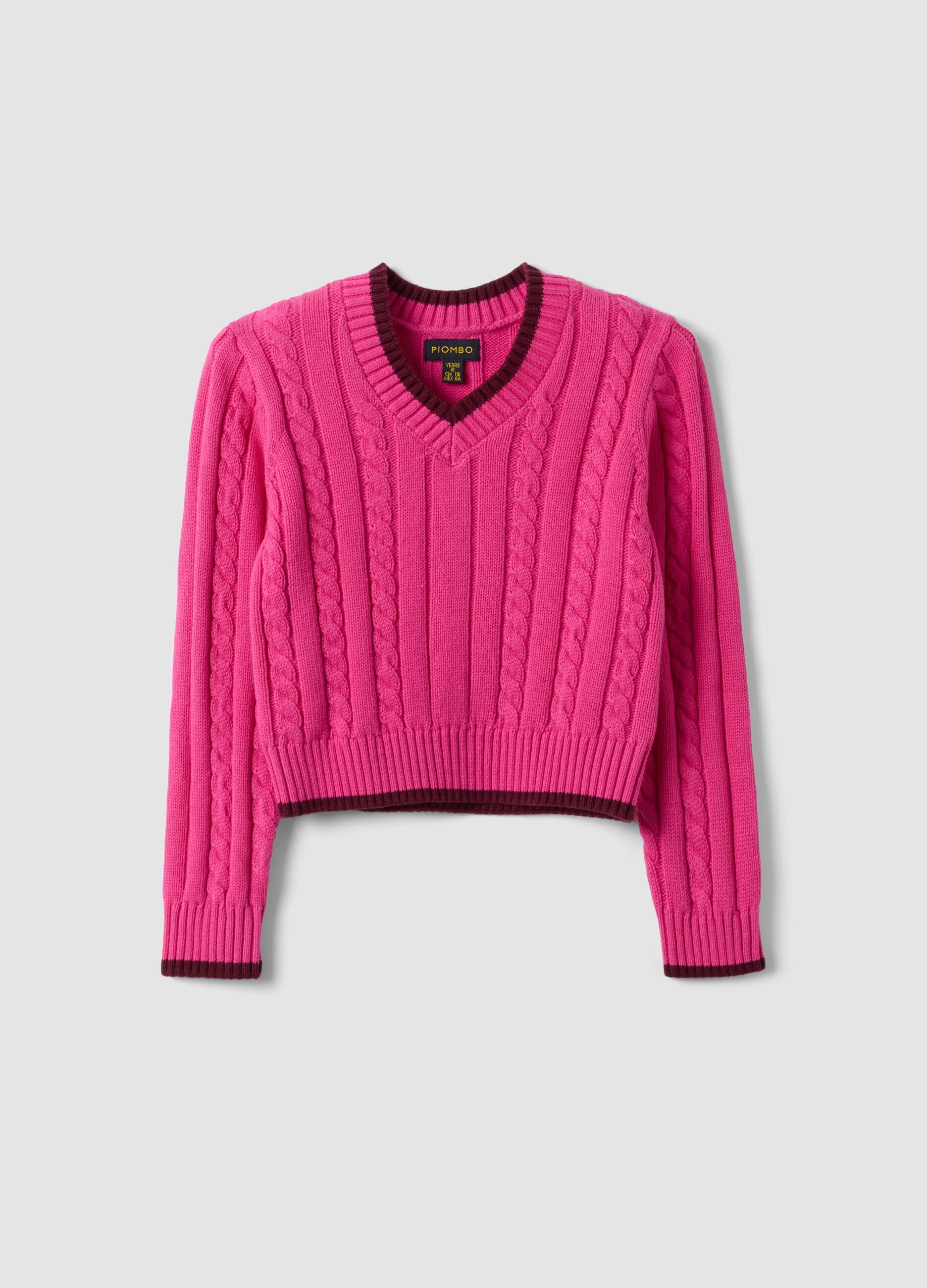 Pink pure cotton cable-knit V-neck jumper for girls