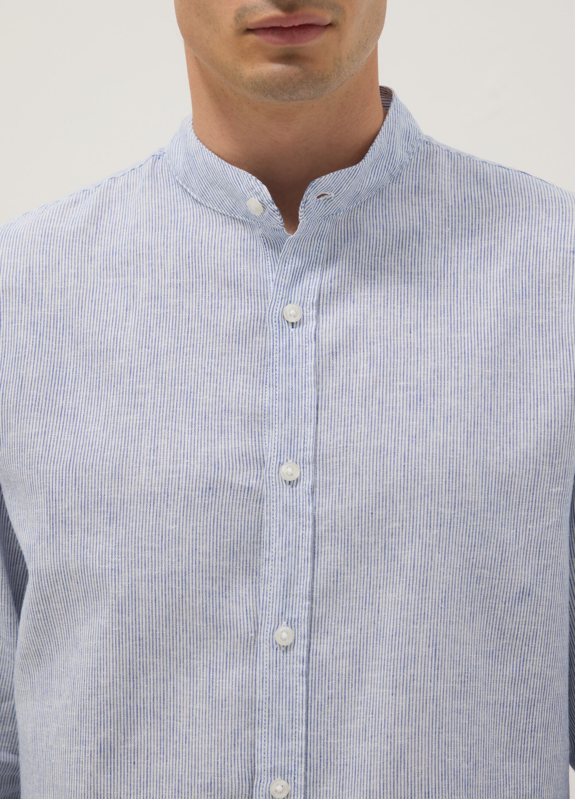 Multicoloured striped shirt with band collar in linen and cotton blend, regular fit