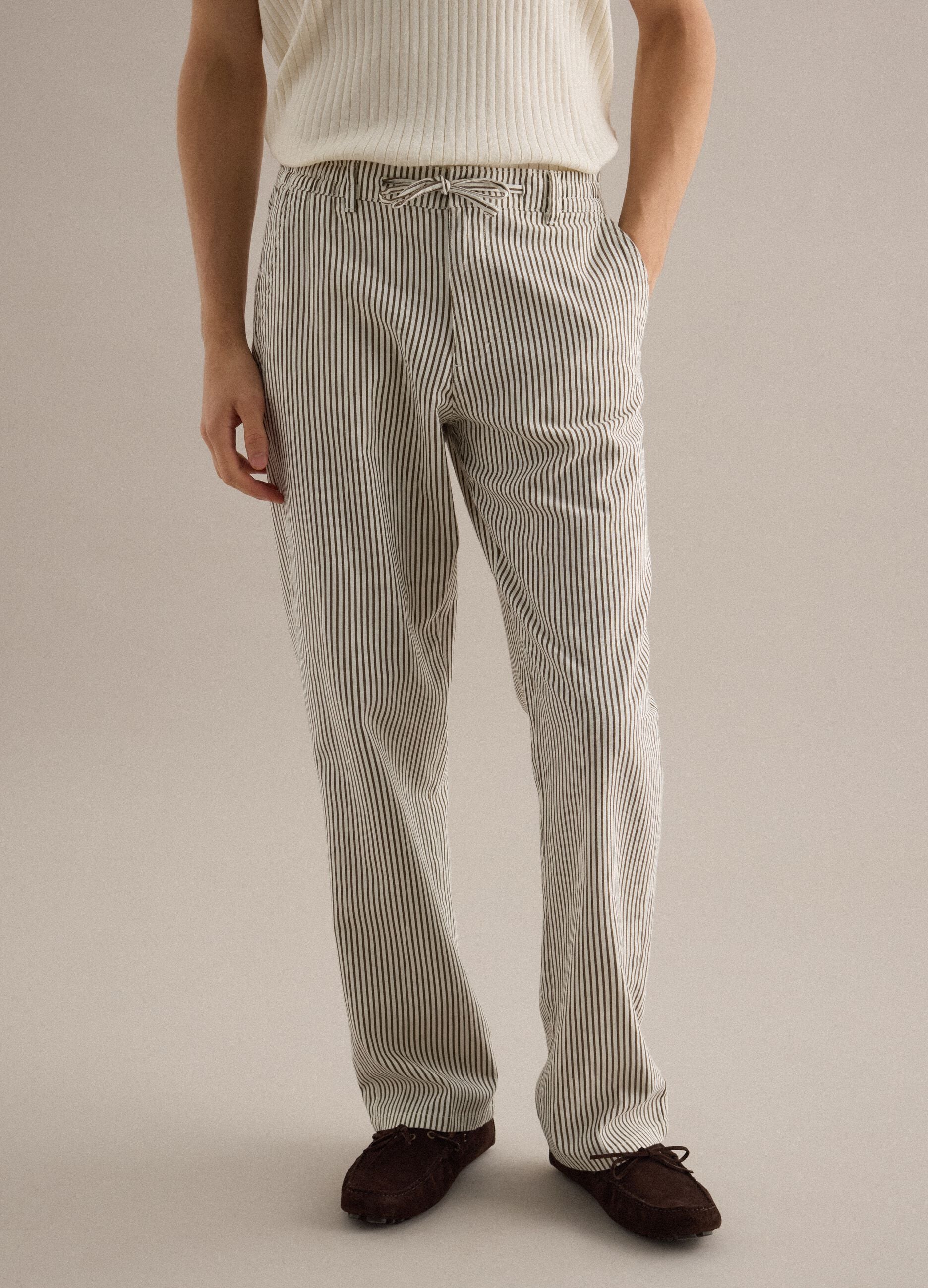 Multicolor striped linen-cotton blend chino trousers, straight fit