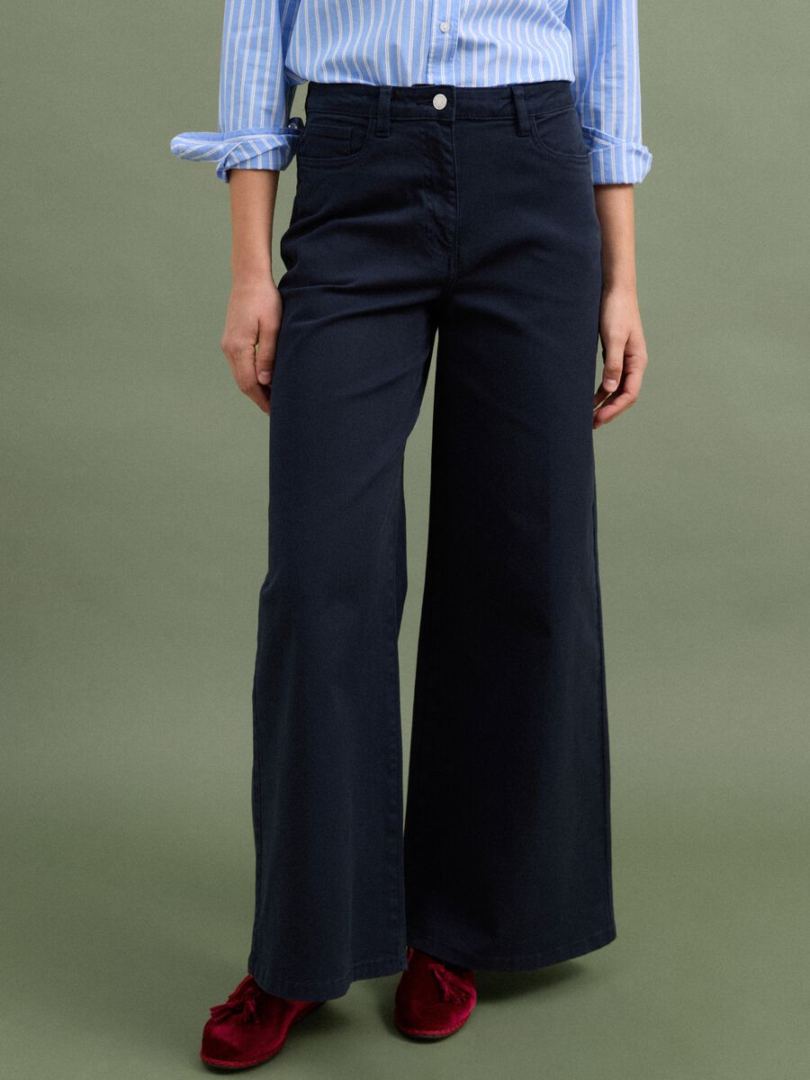 Navy stretch cotton wide-leg trousers_1