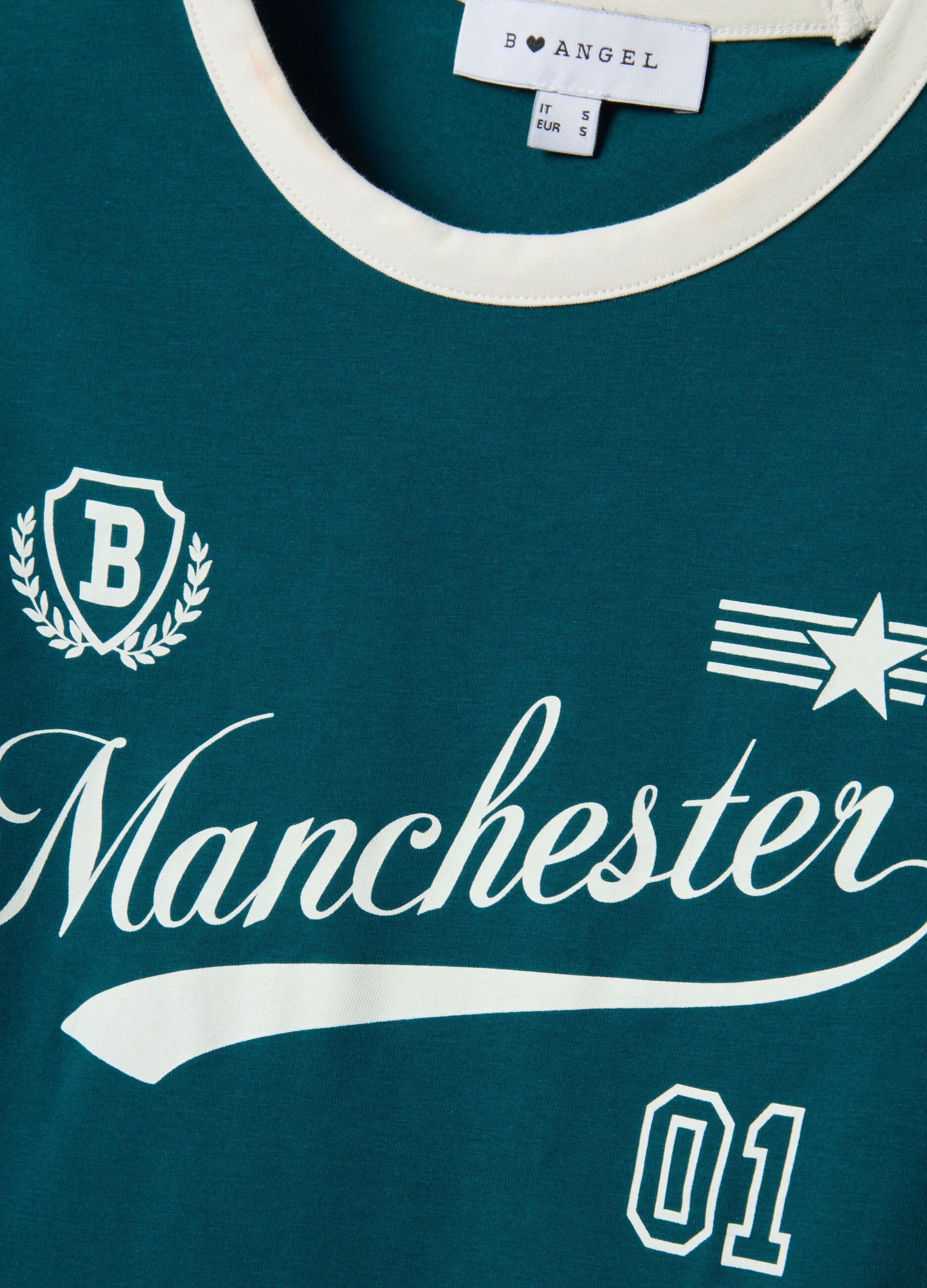 Green slim fit stretch cotton T-shirt with print