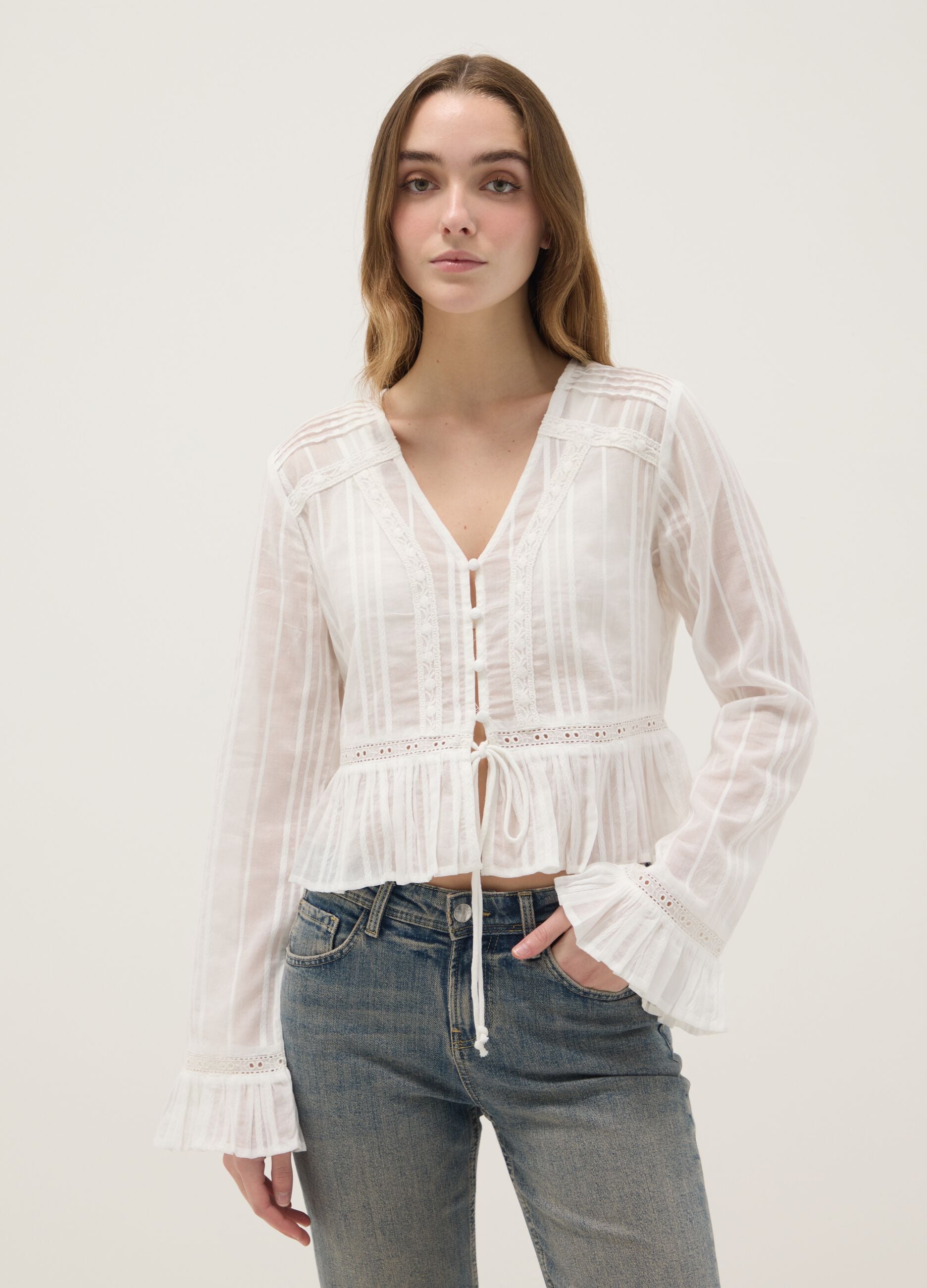 White pure cotton transparent shirt, regular fit with ruffles