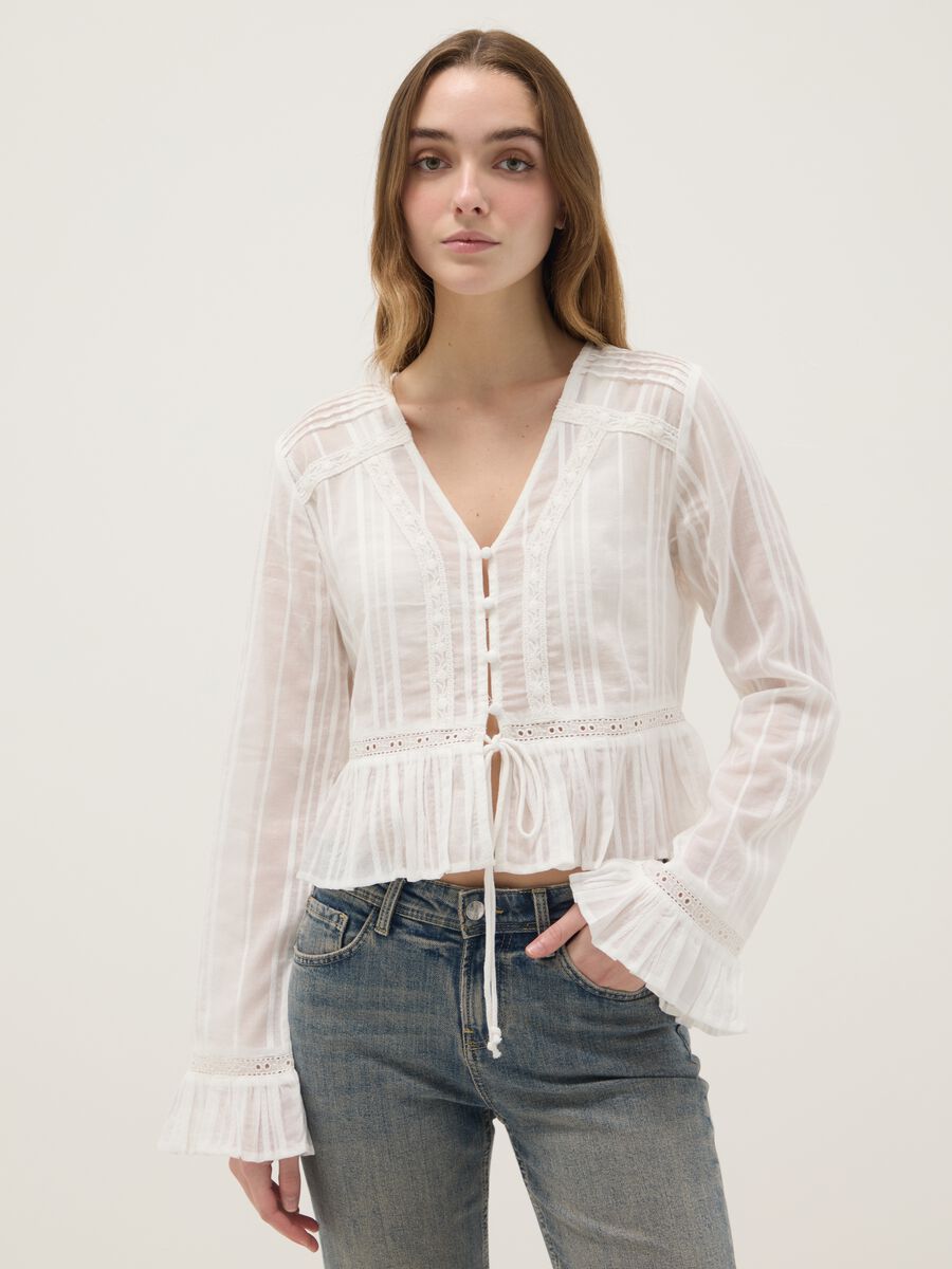 Camicia trasparente in puro cotone bianco regular fit con volant_0