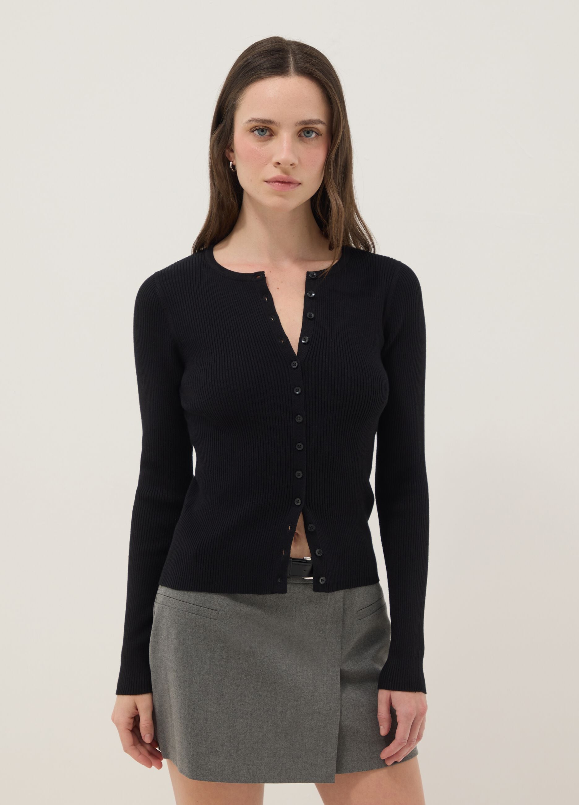 Black viscose blend cardigan with fitted silhouette