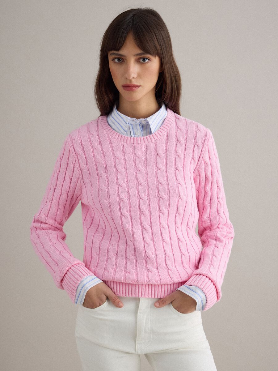 Pink pure cotton regular fit jumper with cable knit_1