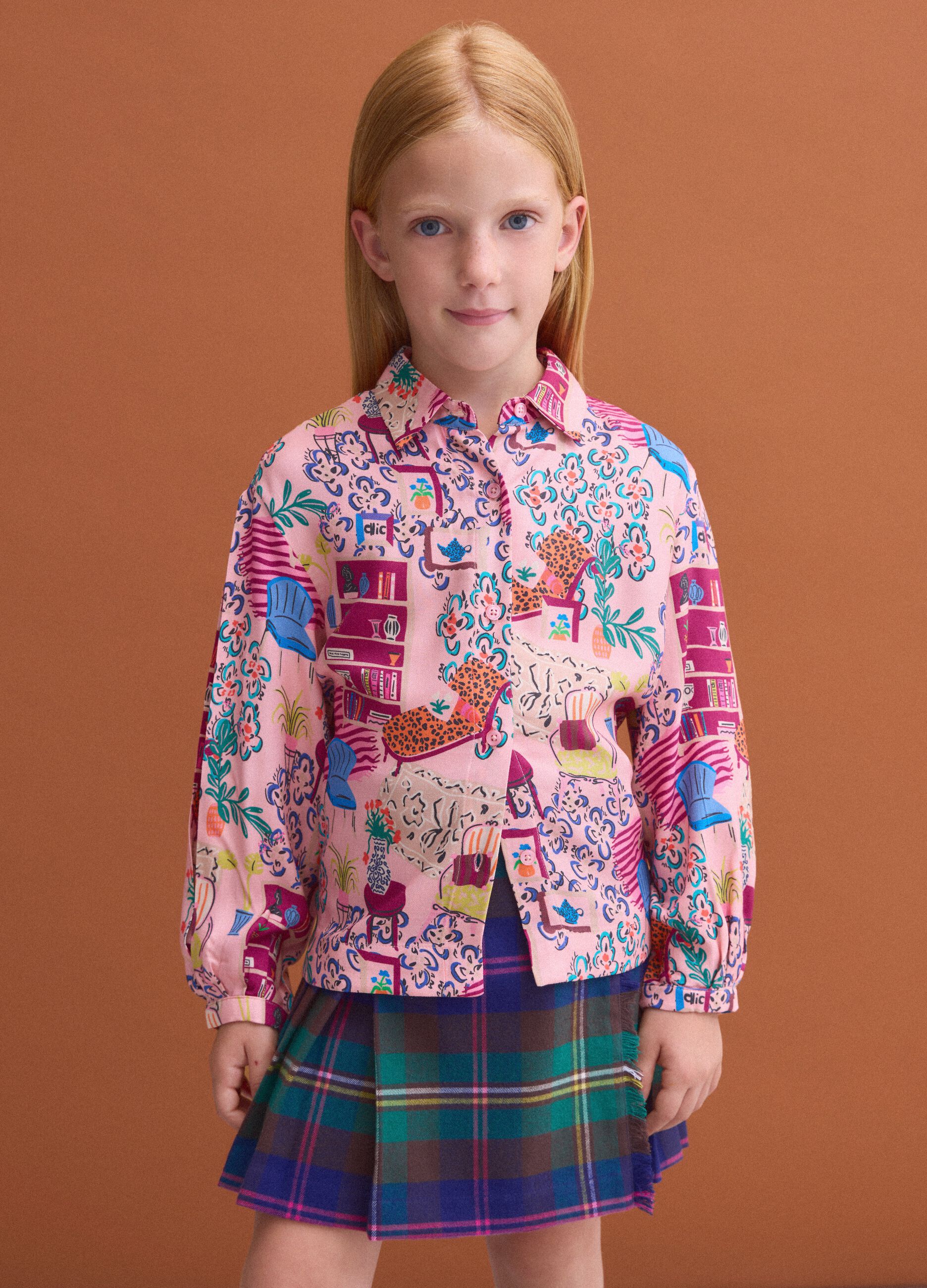 Pink pure viscose patterned shirt with classic collar for girls