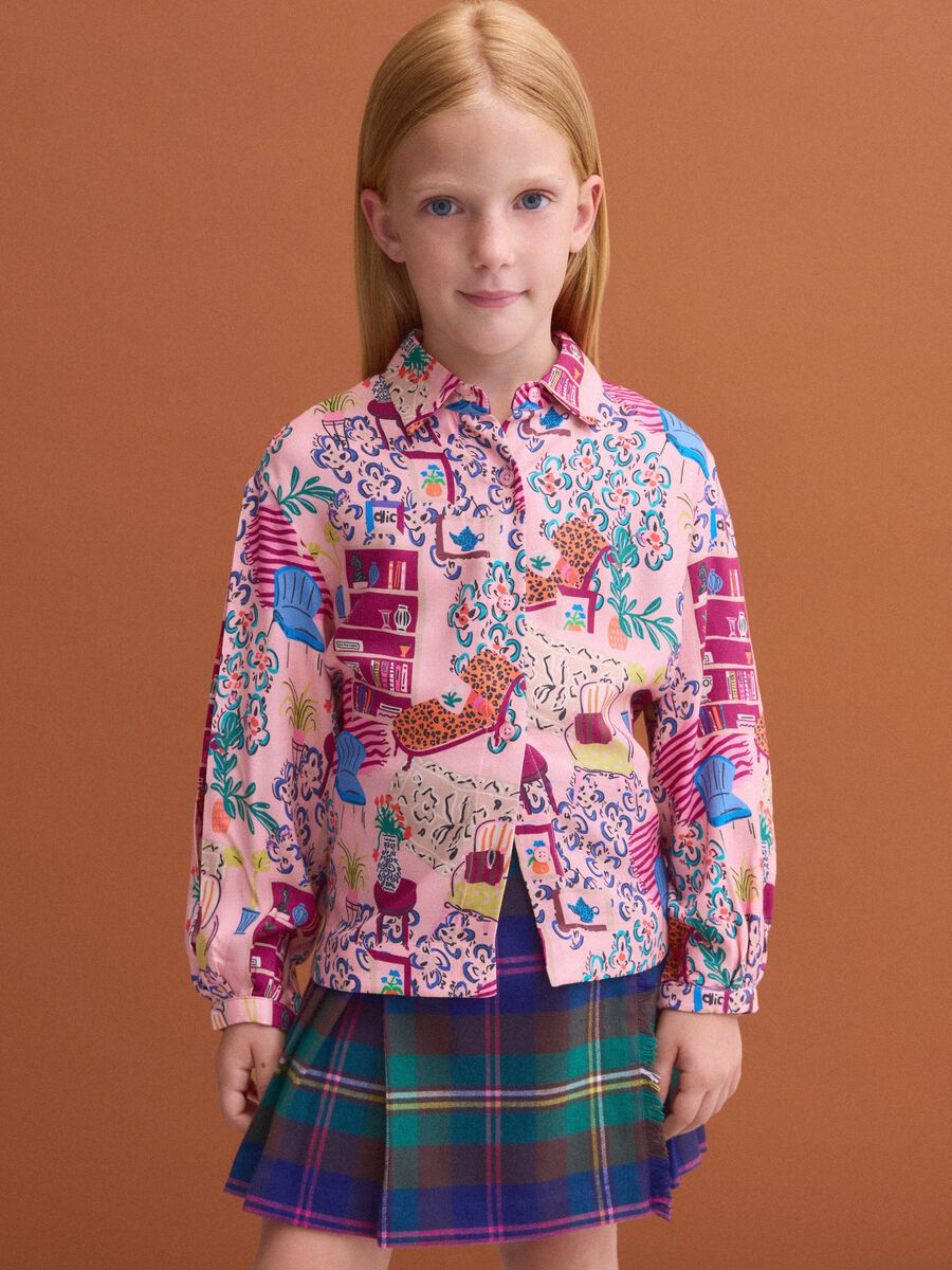 Pink pure viscose patterned shirt with classic collar for girls_1