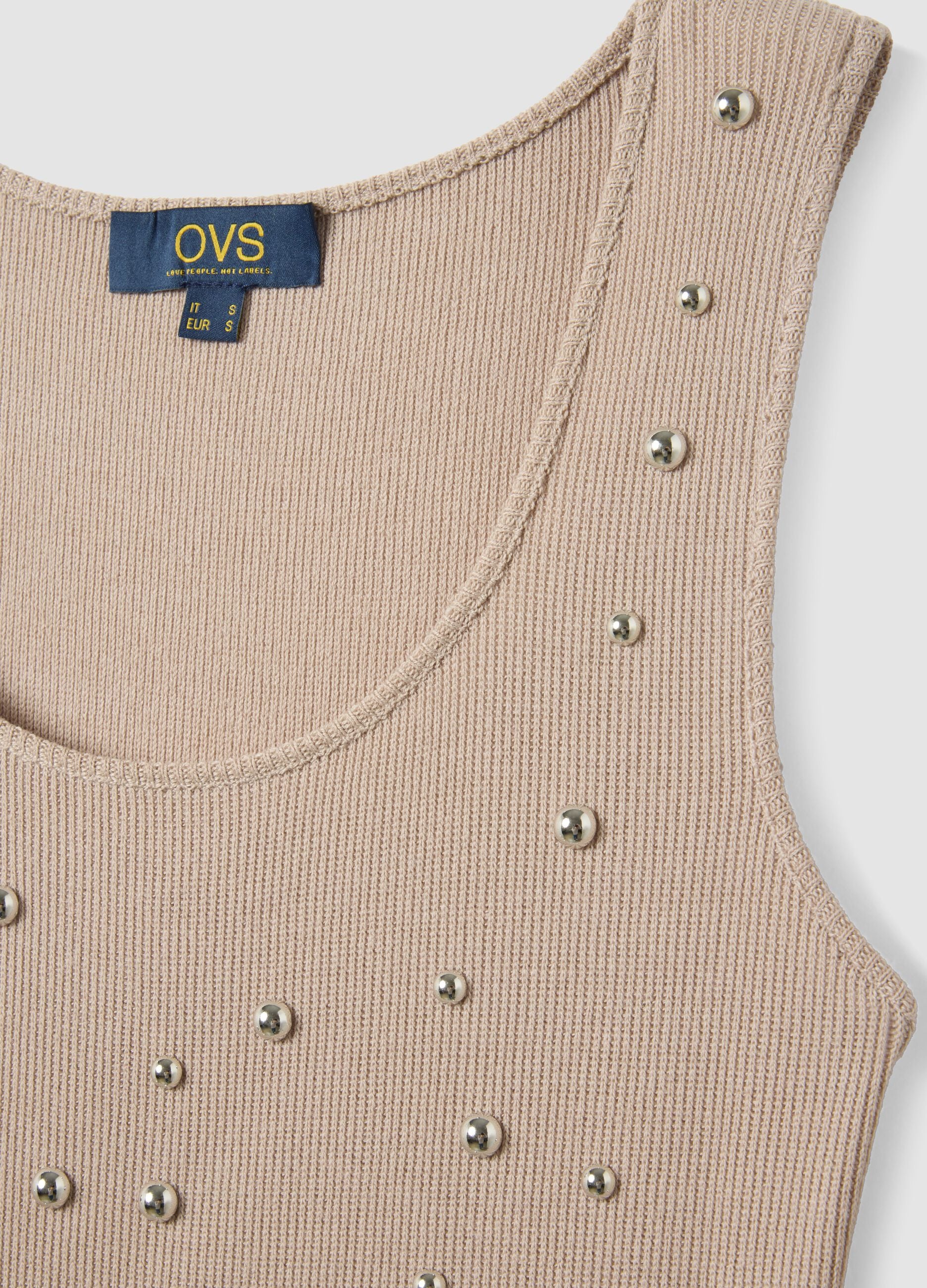 Beige regular fit tank top with metallic appliqu&eacute;s