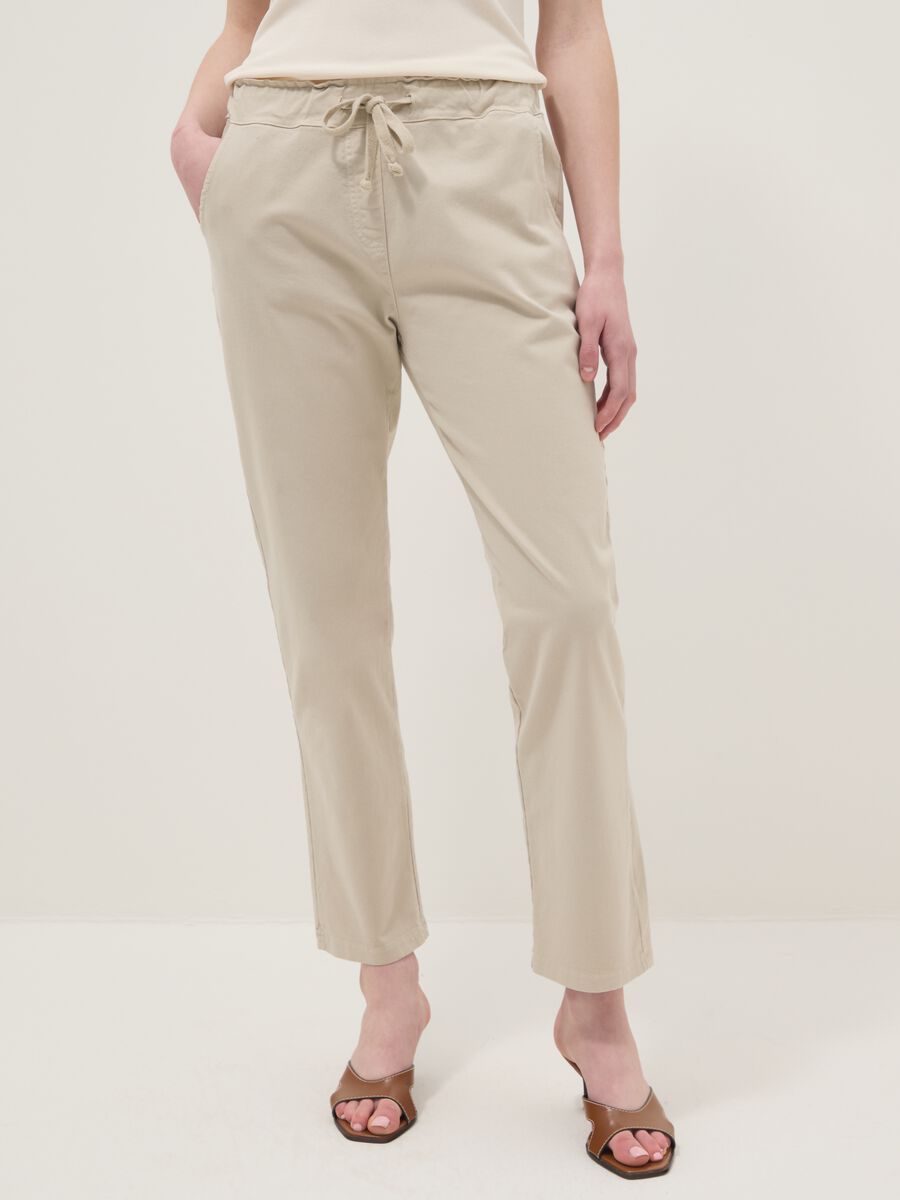 Beige stretch cotton paper bag trousers regular fit_1