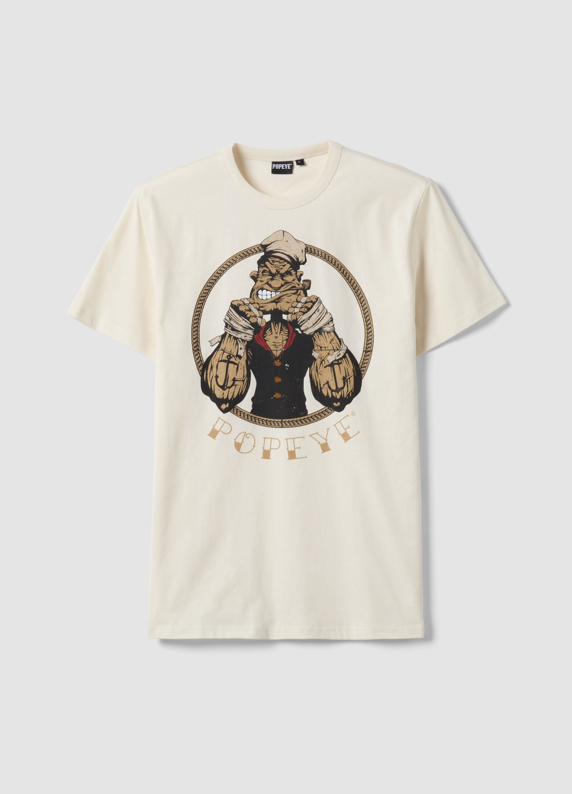Beige regular fit pure cotton t-shirt with Popeye print