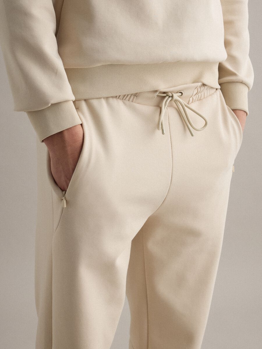 Beige Stretch Cotton Blend Joggers, Regular Fit_3