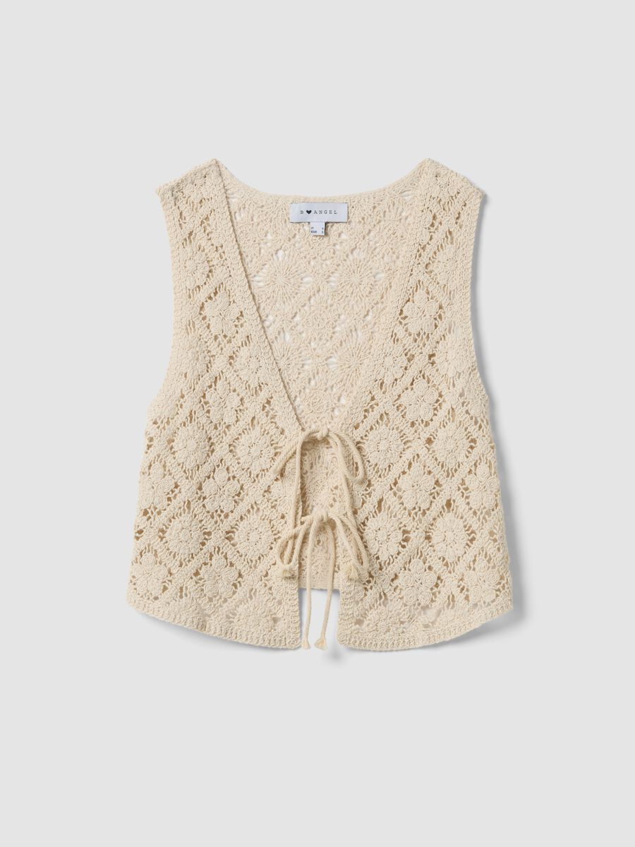 Beige regular-fit cotton-blend gilet with floral knit design_4