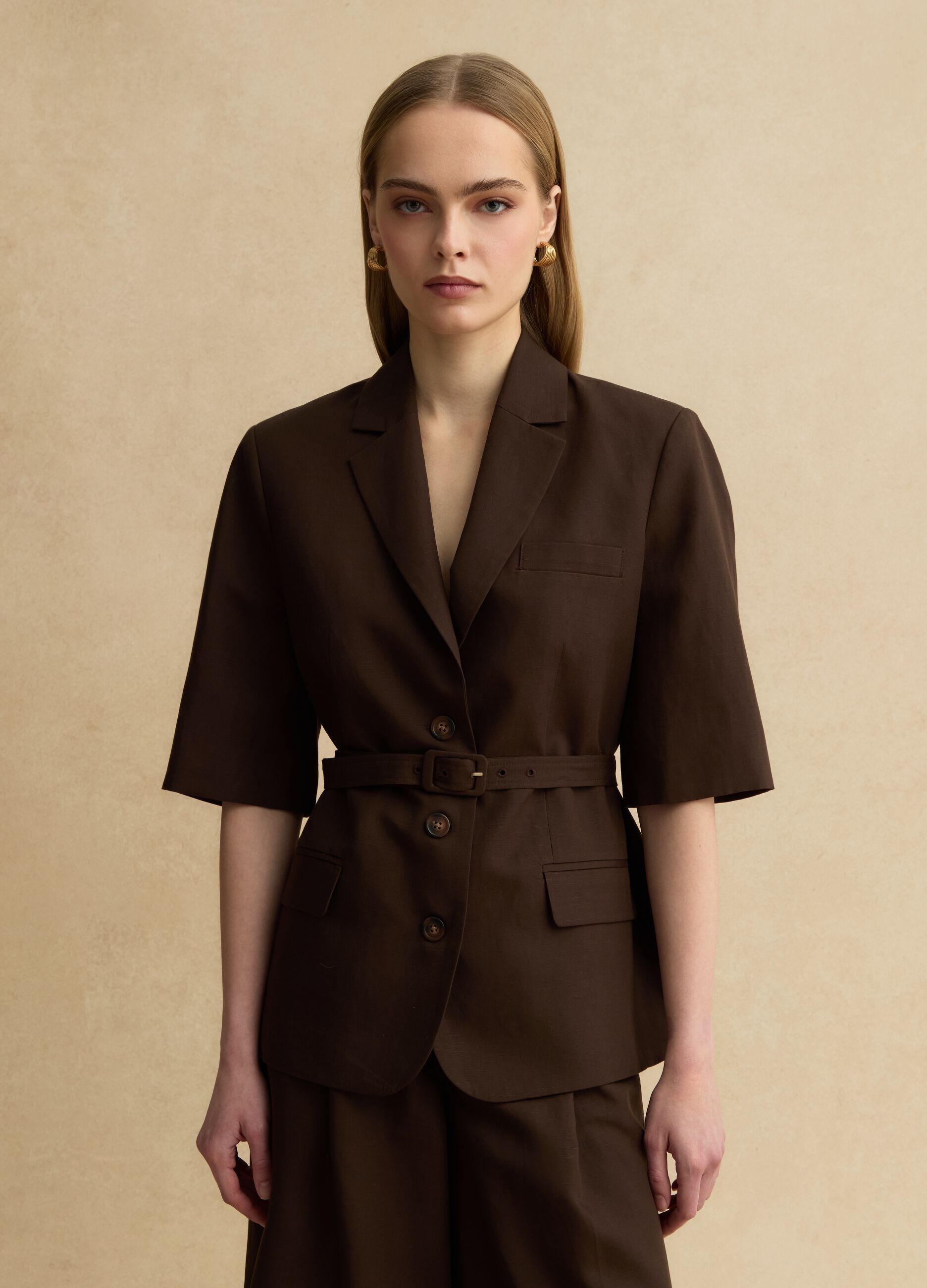 Brown regular fit lyocell and linen blend blazer with belt