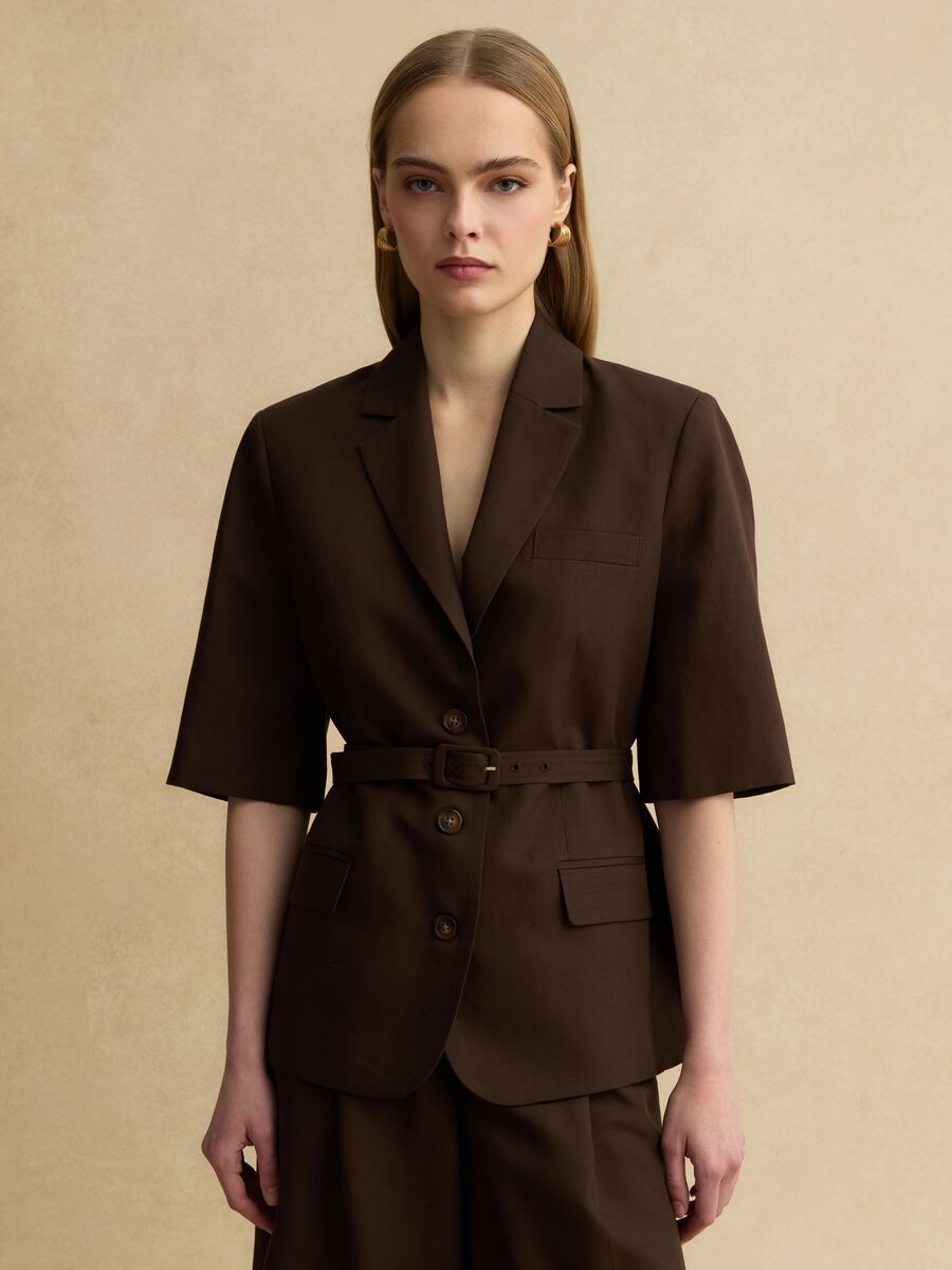 Brown regular fit lyocell and linen blend blazer with belt_0