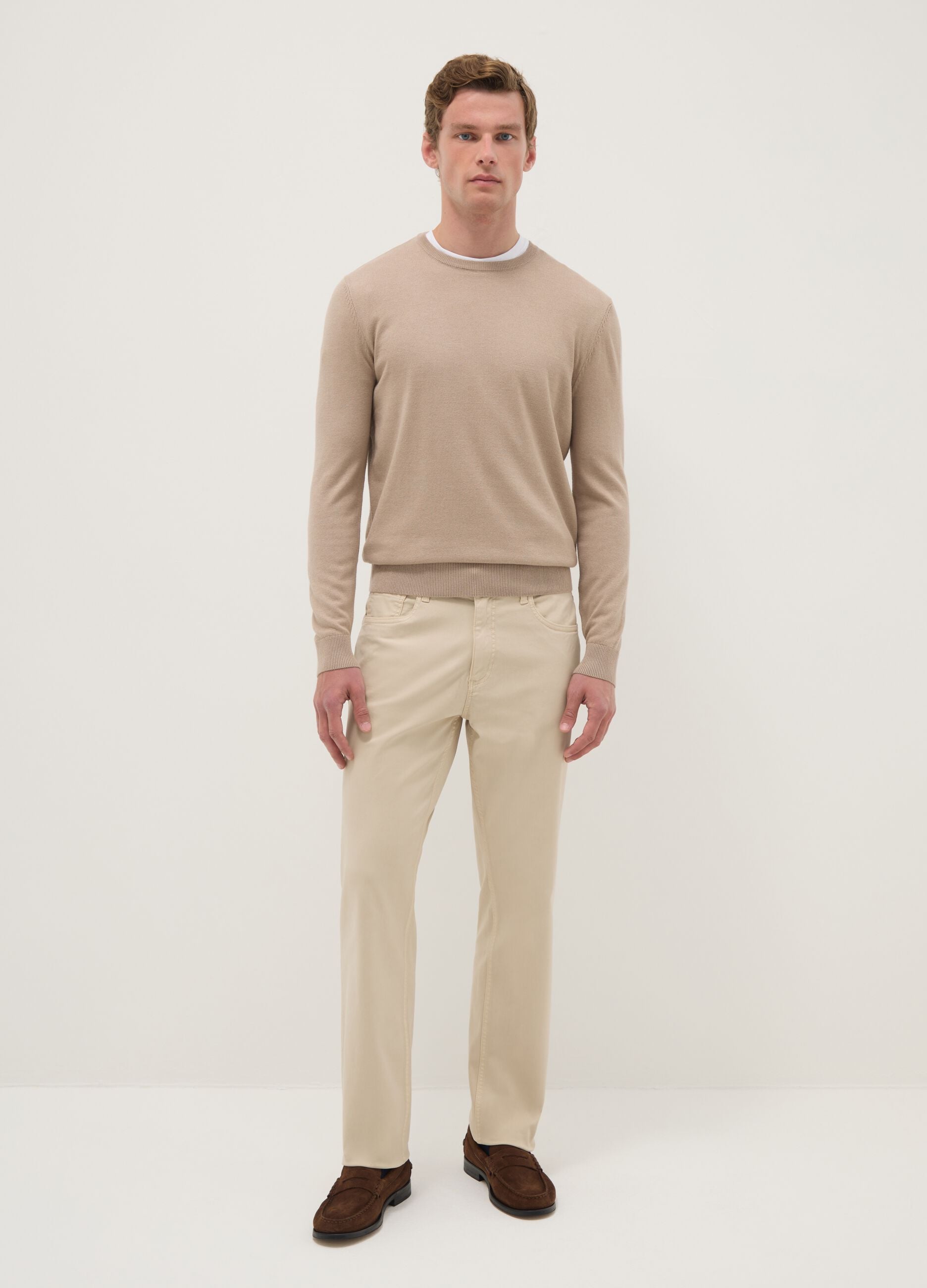 Beige stretch cotton trousers regular fit