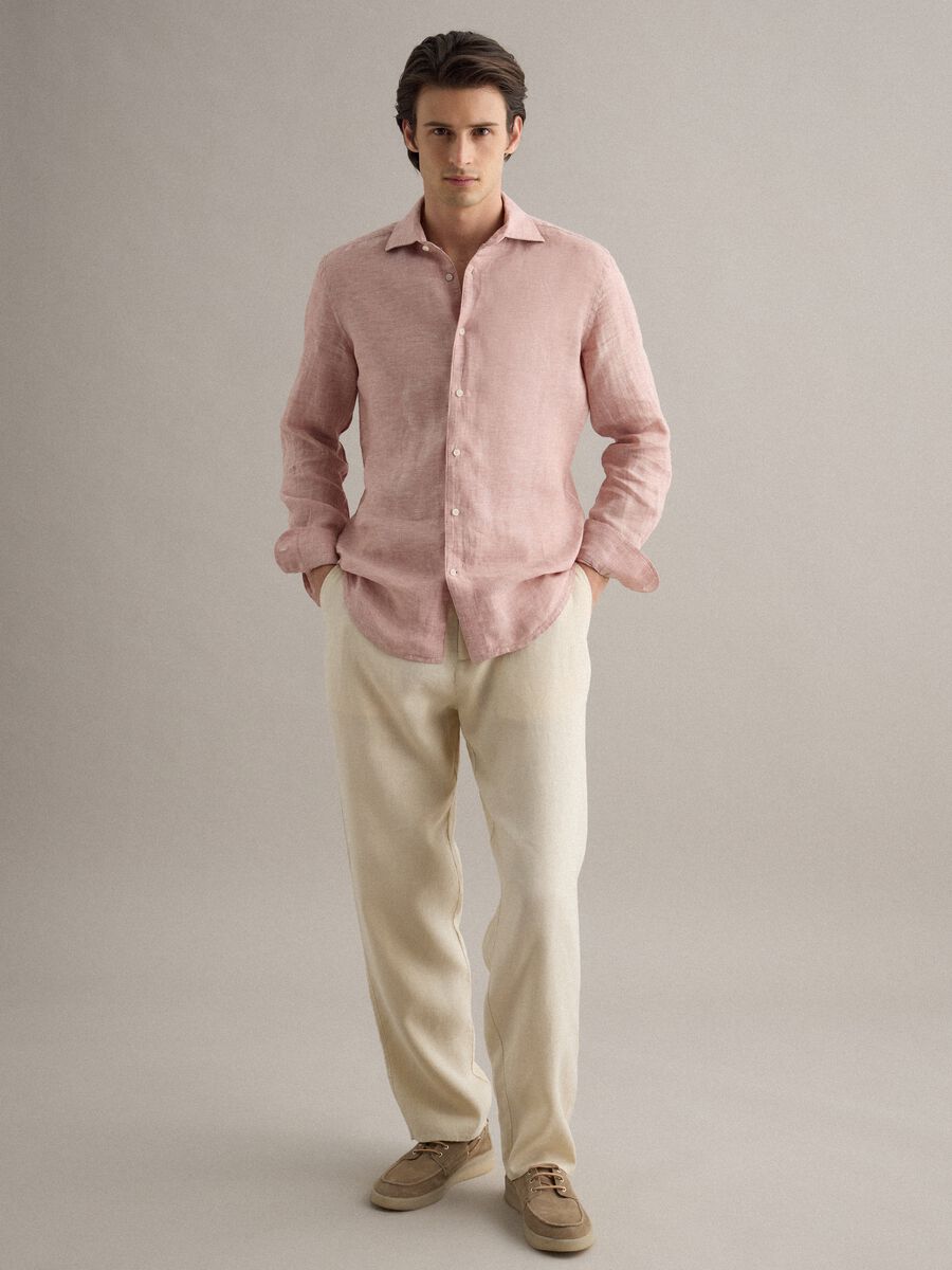 Camicia a maniche lunghe in puro lino rosa slim fit_1