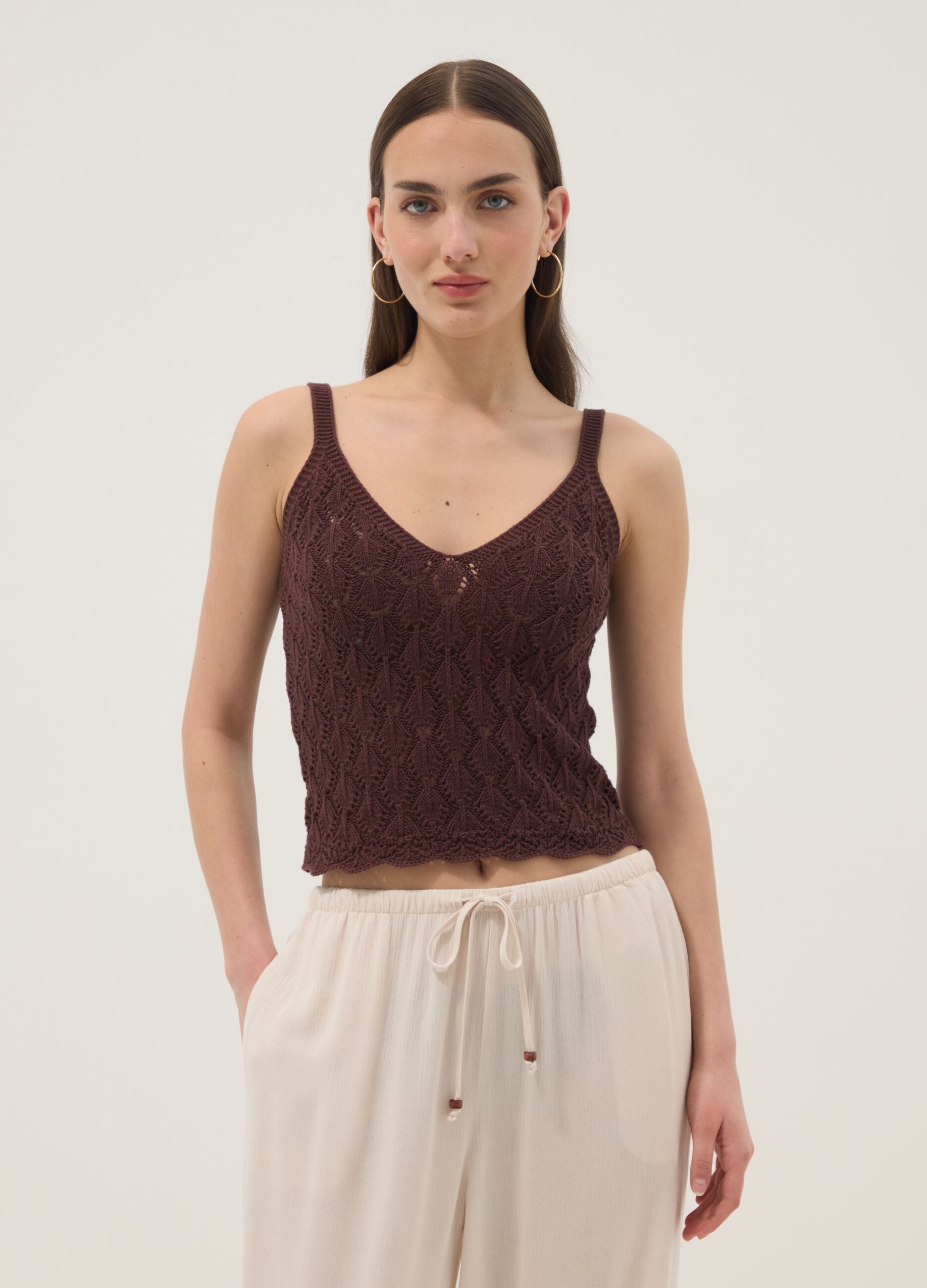 Brown pure cotton crochet waistcoat, regular fit