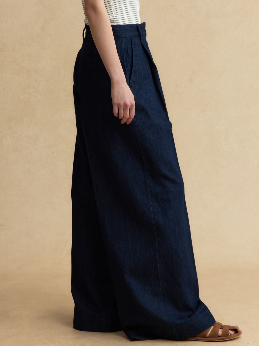 Pantaloni in puro cotone denim blu wide leg_3