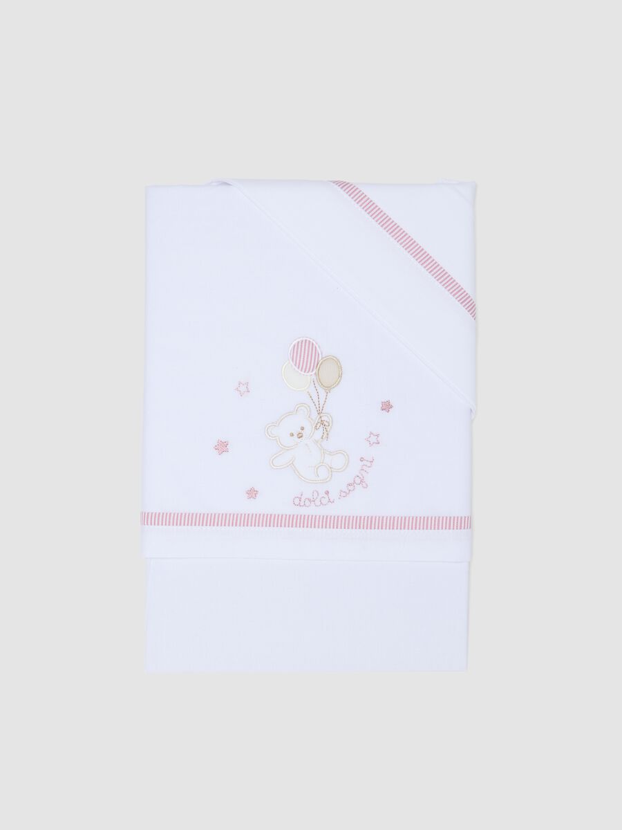 White pure cotton baby girl sheet with teddy bear embroidery_0