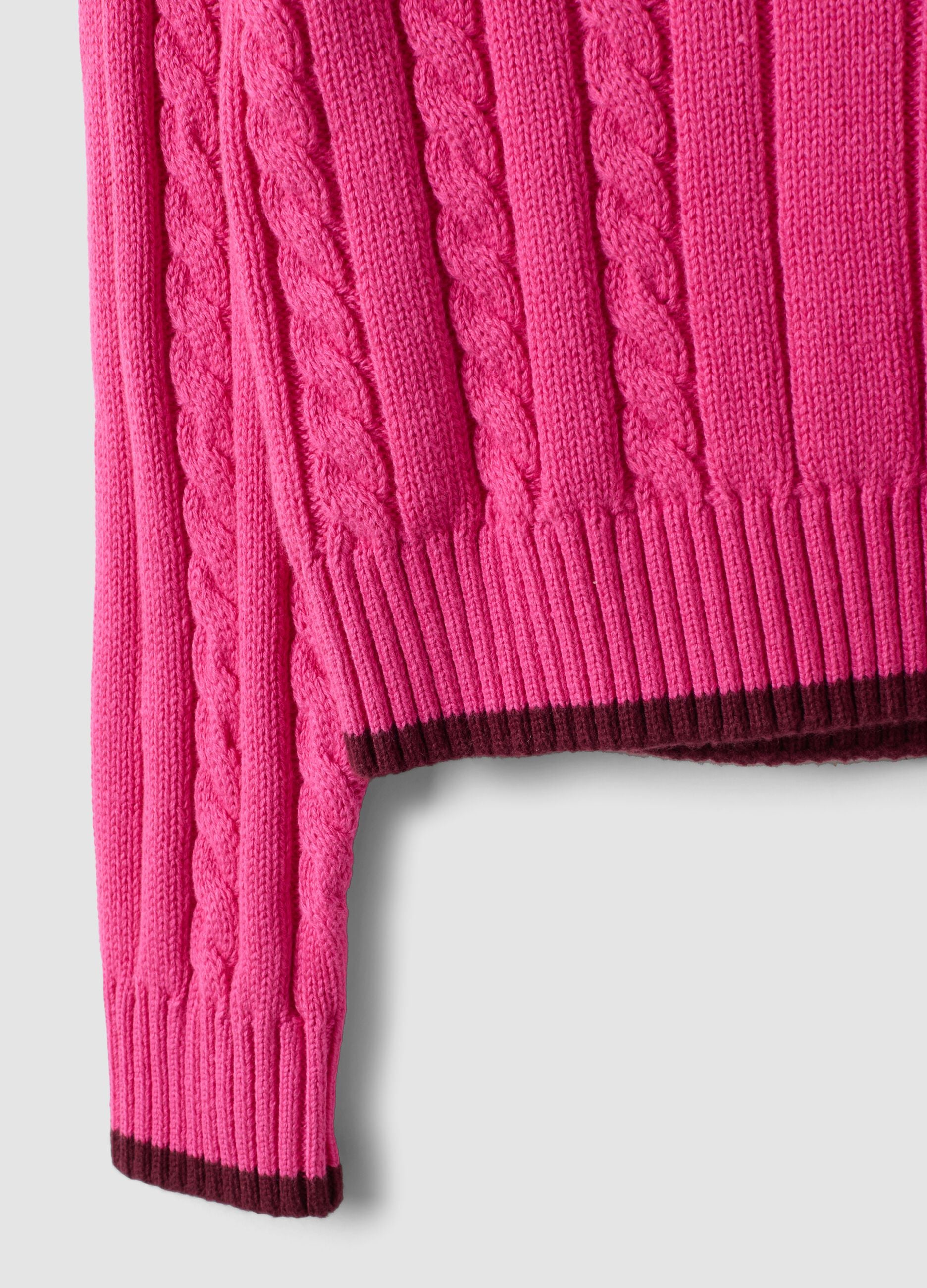 Pink pure cotton cable-knit V-neck jumper for girls