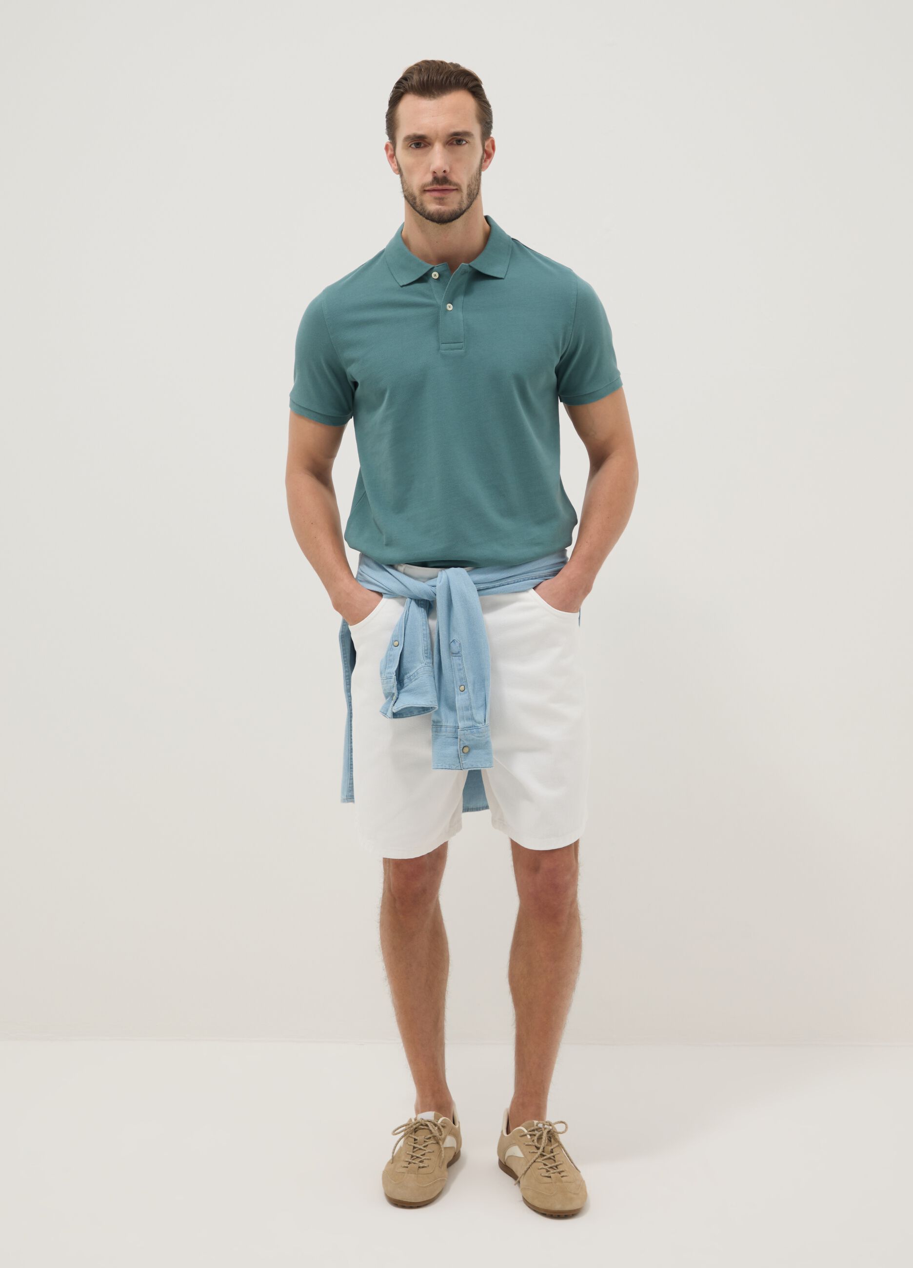 Regular fit short sleeve green pure cotton polo
