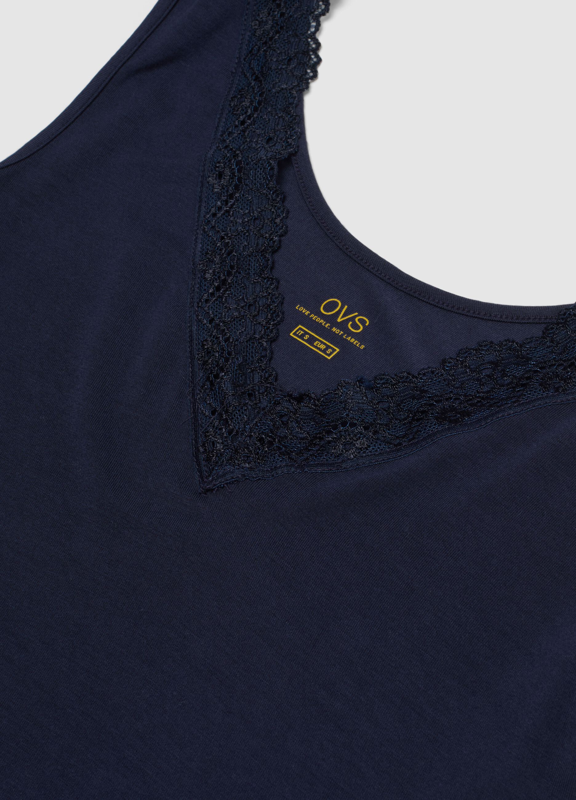 Blue stretch viscose tank top with deep V lace trim regular fit