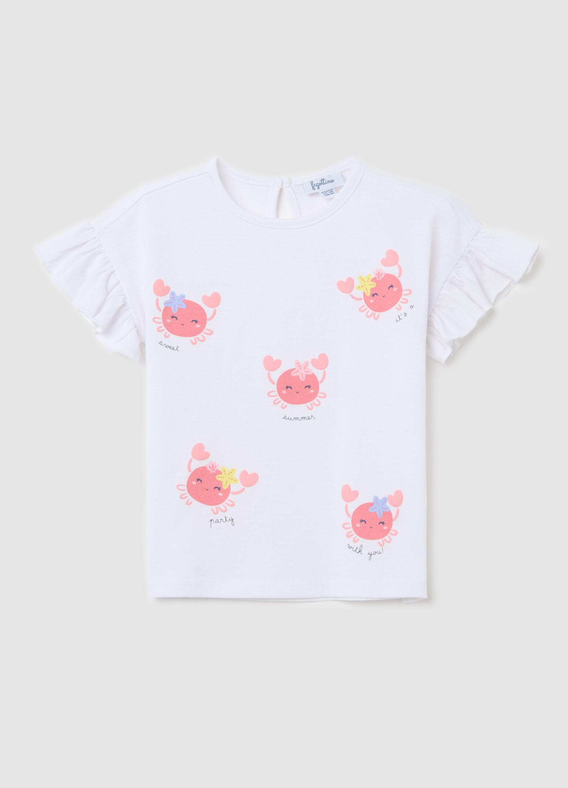 White T-shirt in cotton with print and flounce