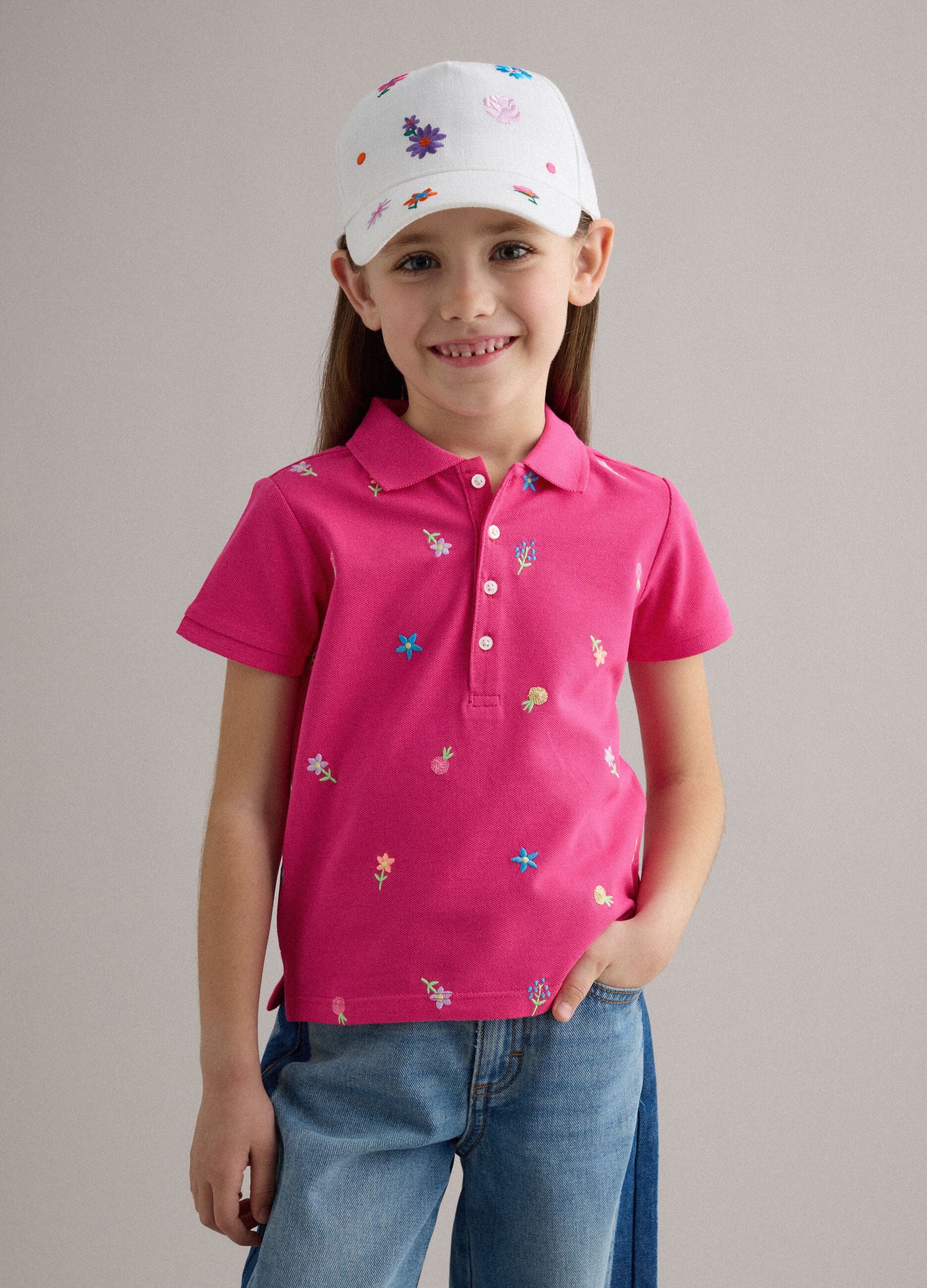 Girls' pure white cotton hat with visor and embroidery